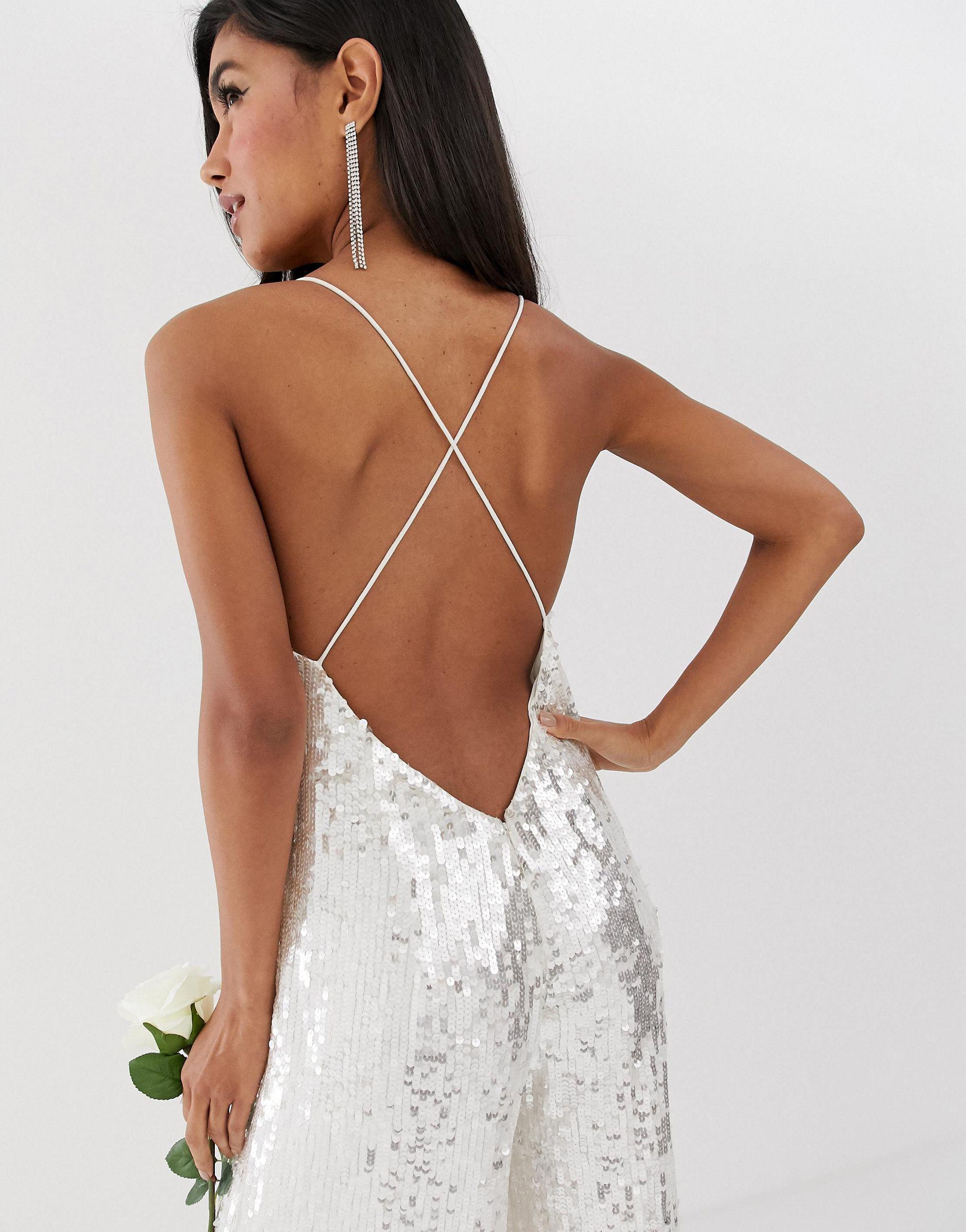 ASOS Wide Leg Sequin Cami Jumpsuit in White Lyst UK