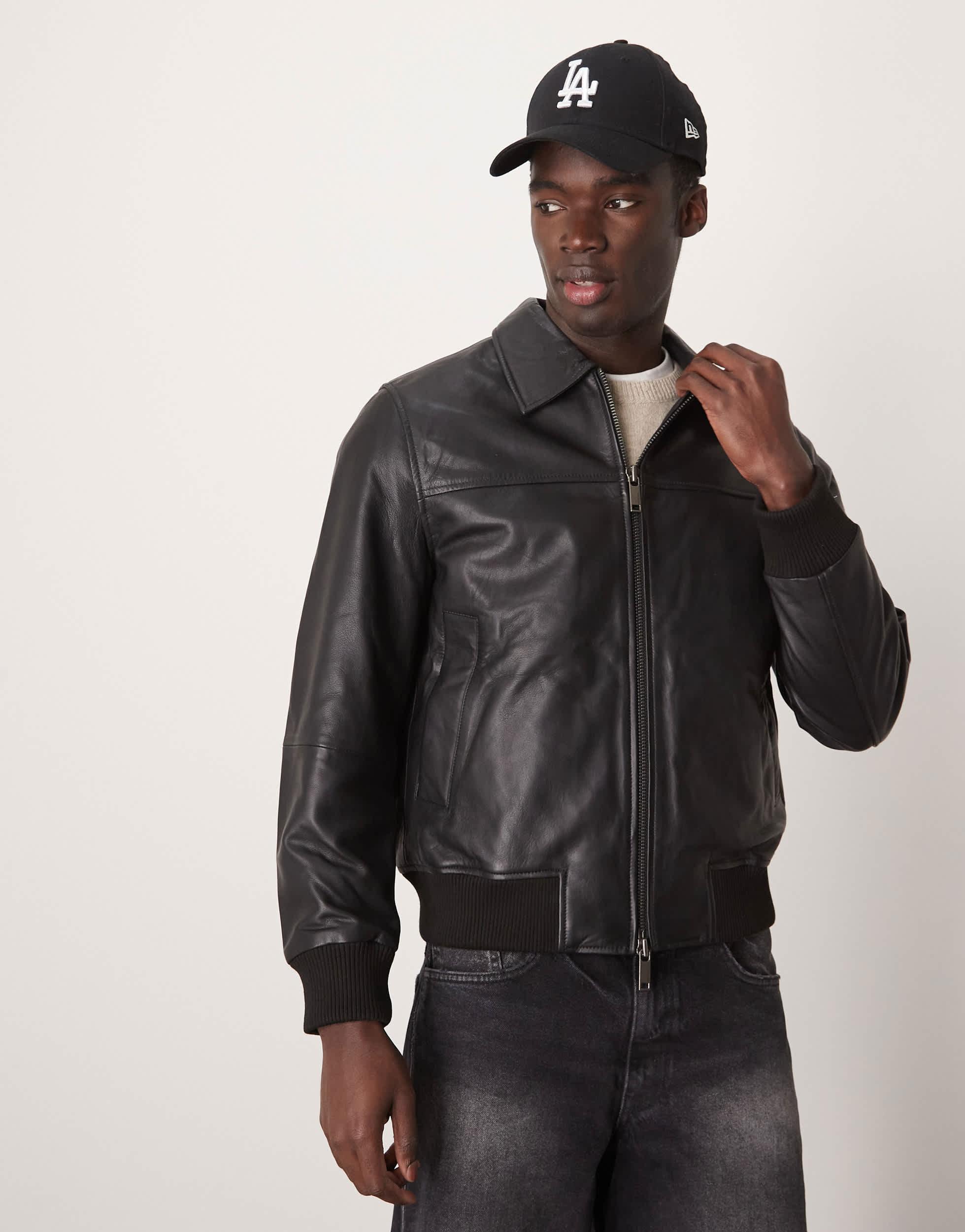 SELECTED Homme Collar Boxy Leather Jacket in Black for Men | Lyst