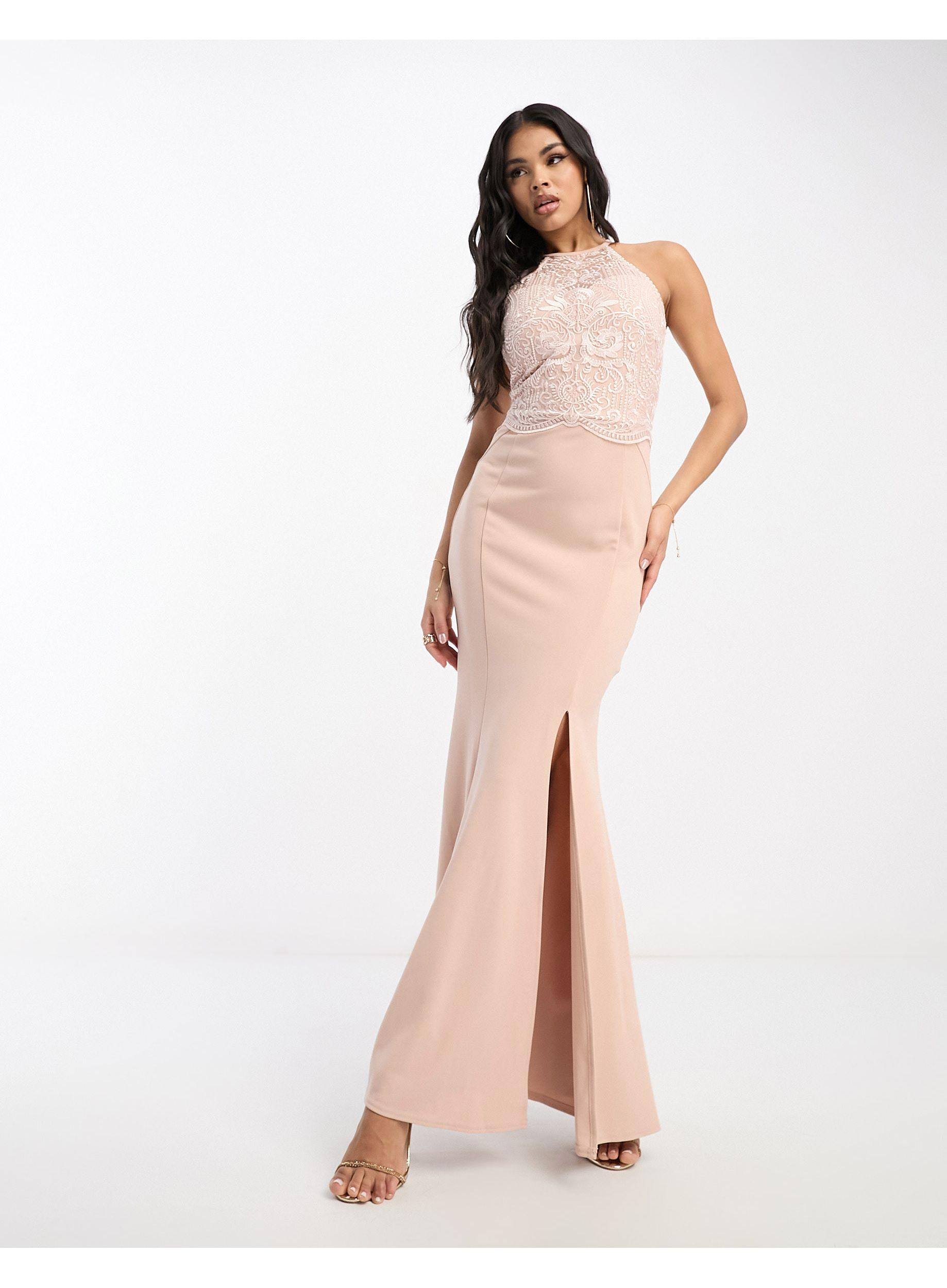 Lipsy Halter Neck Maxi Dress With Lace Detail in Natural