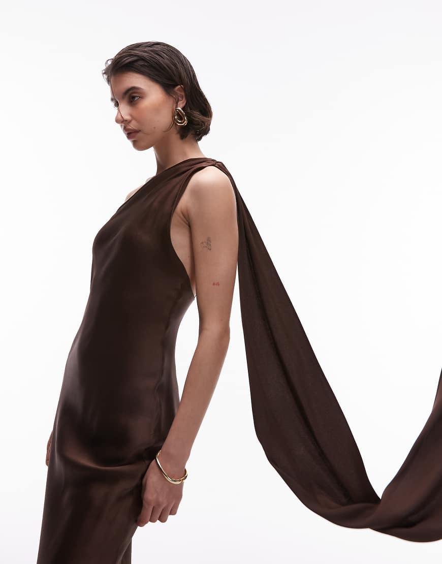 mango brown one shoulder dress Mango Asymmetric One Shoulder Combined-Knit Maxi Dress SIze XS Brown  Minimalist