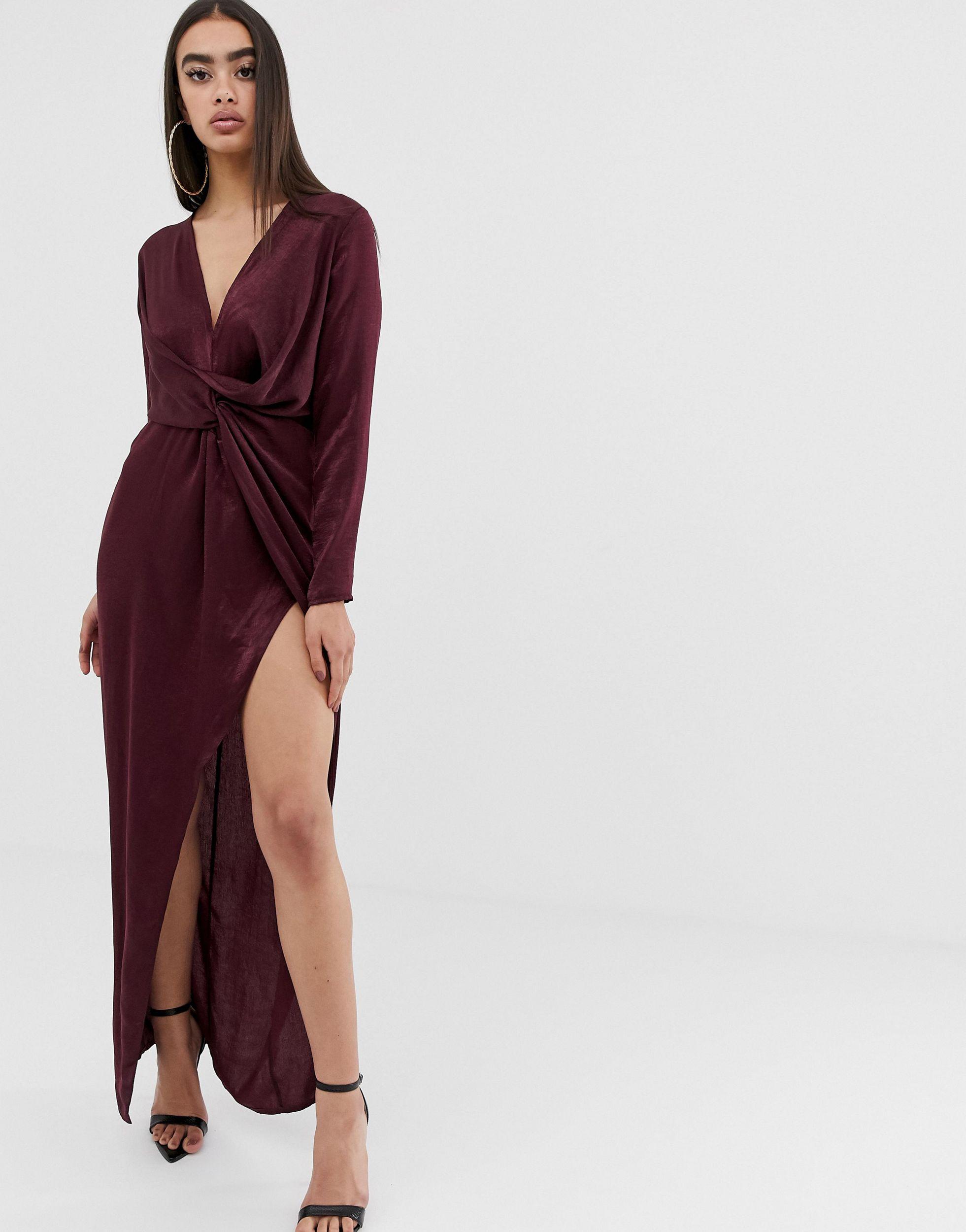 Robe longue en satin avec torsade sur le devant et fente Bordeaux Missguided en coloris Violet Lyst
