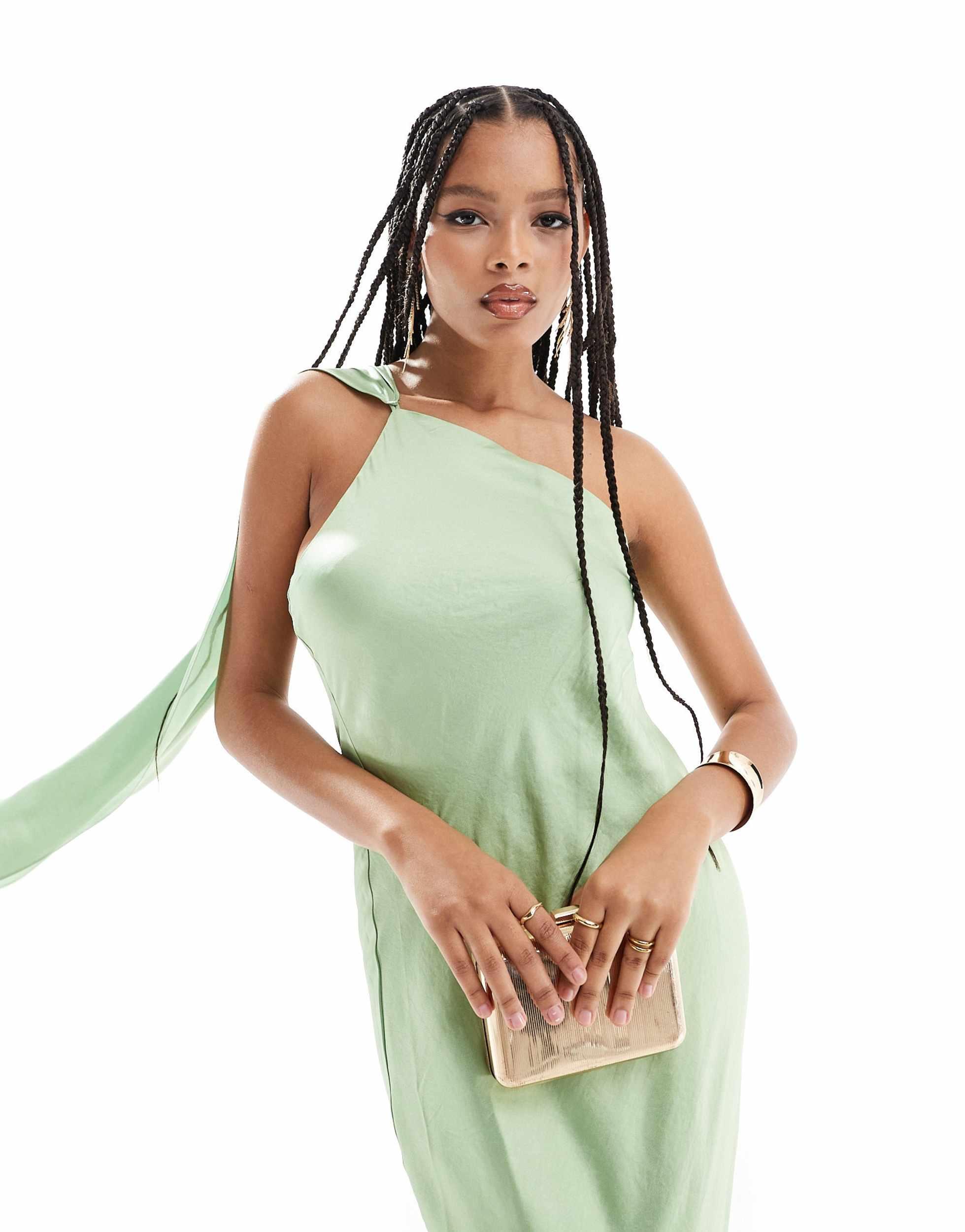 mango green one shoulder dress Mango One Shoulder Drape Satin Midi Dress in Green