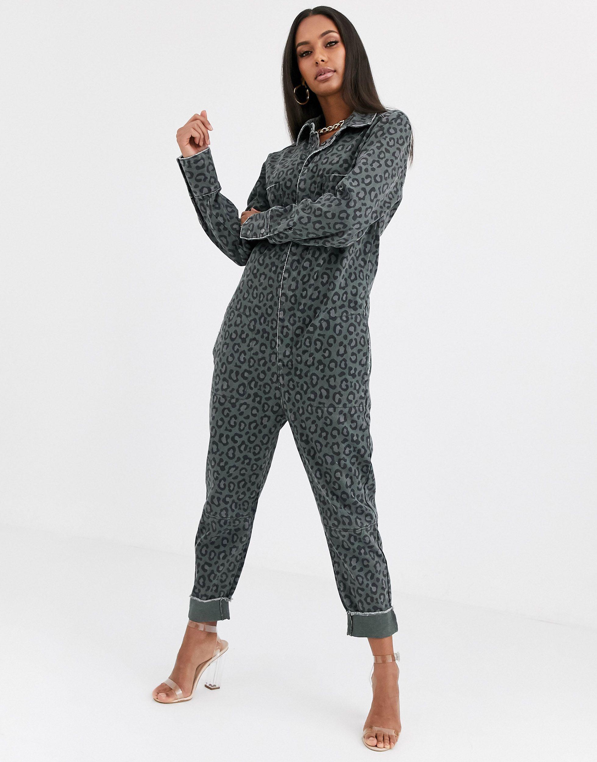 One Teaspoon Leopard Print Denim Boilersuit-green | Lyst