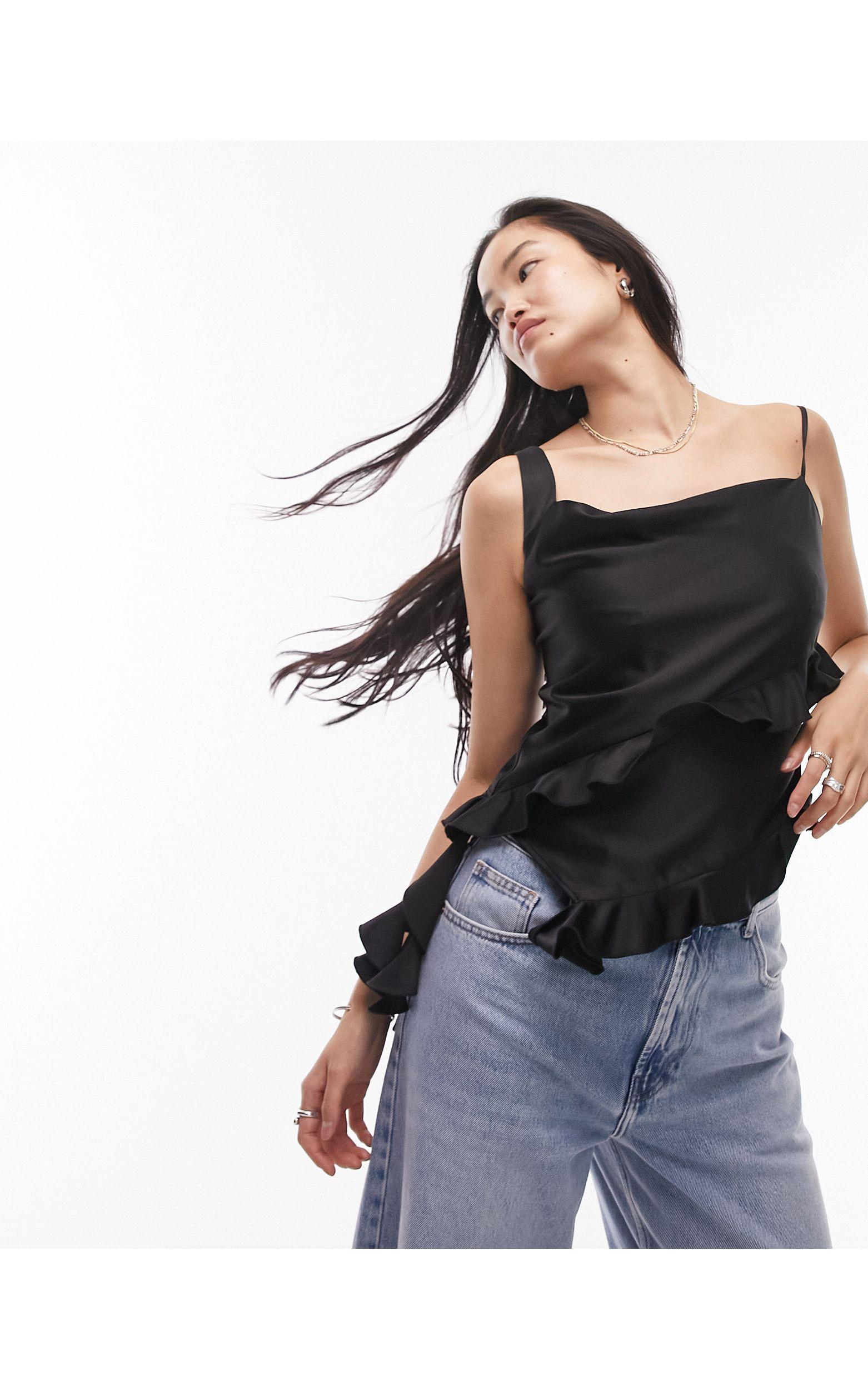 TOPSHOP Ruffle Front Cami Top in Black | Lyst