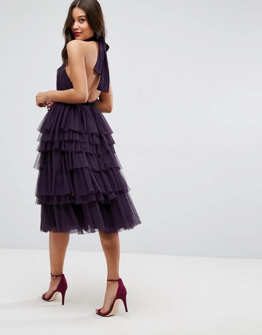 Premium High Neck Tiered Tulle Midi Prom Dress