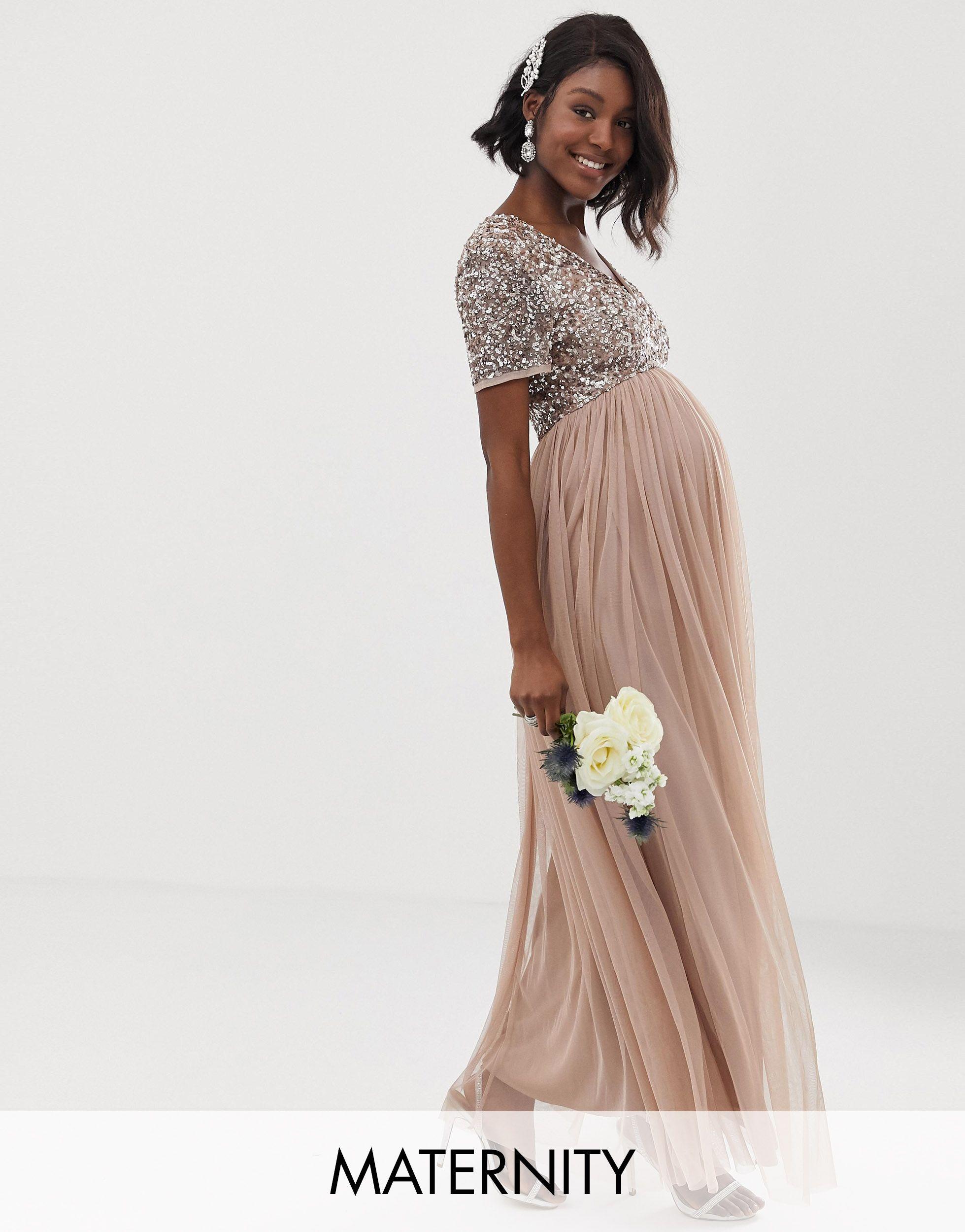 maya bridesmaid v neck maxi tulle dress with tonal delicate sequins