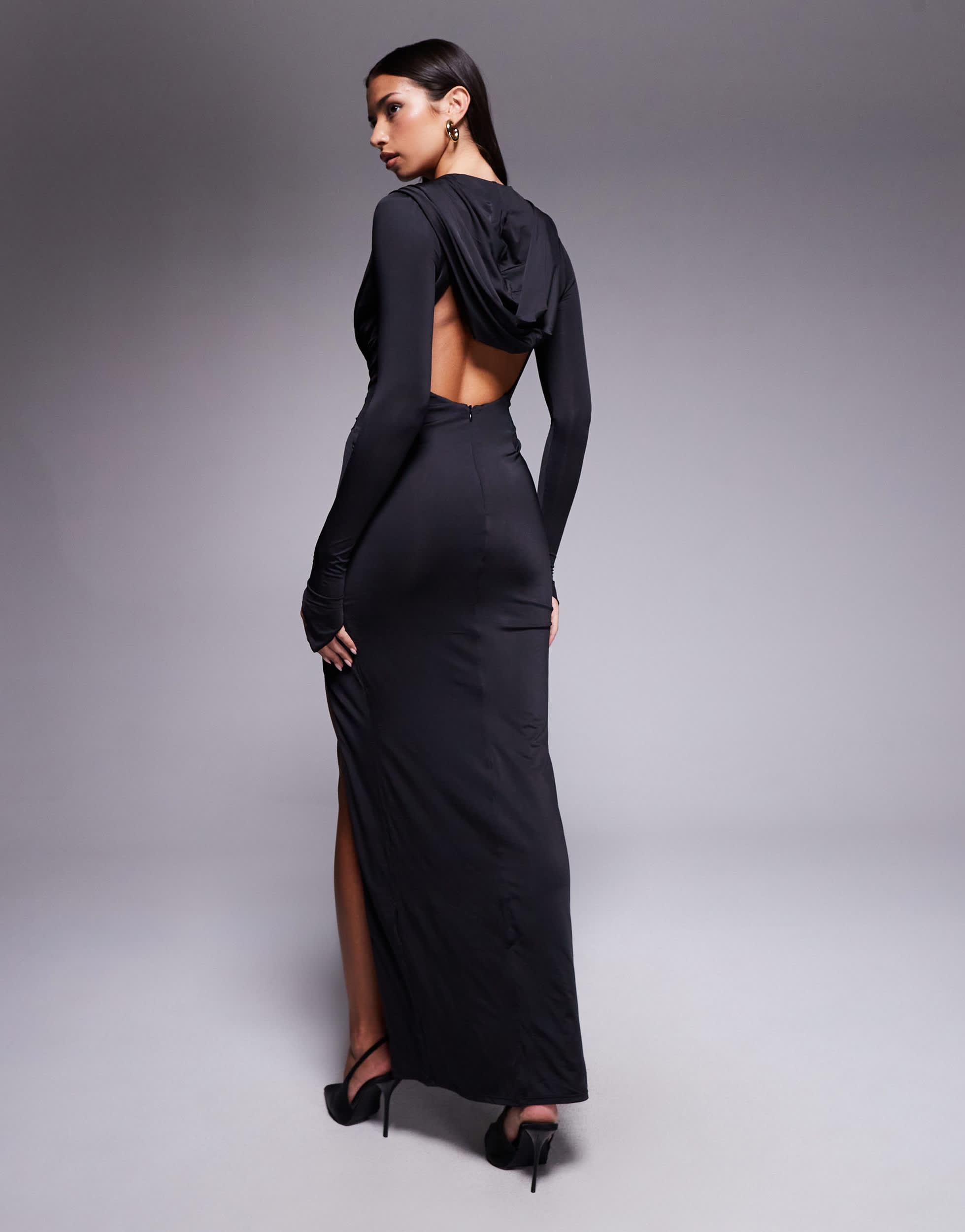 Oh Polly Desdemona Hooded Plunge Neck Thigh Split Maxi Dress in Blue | Lyst