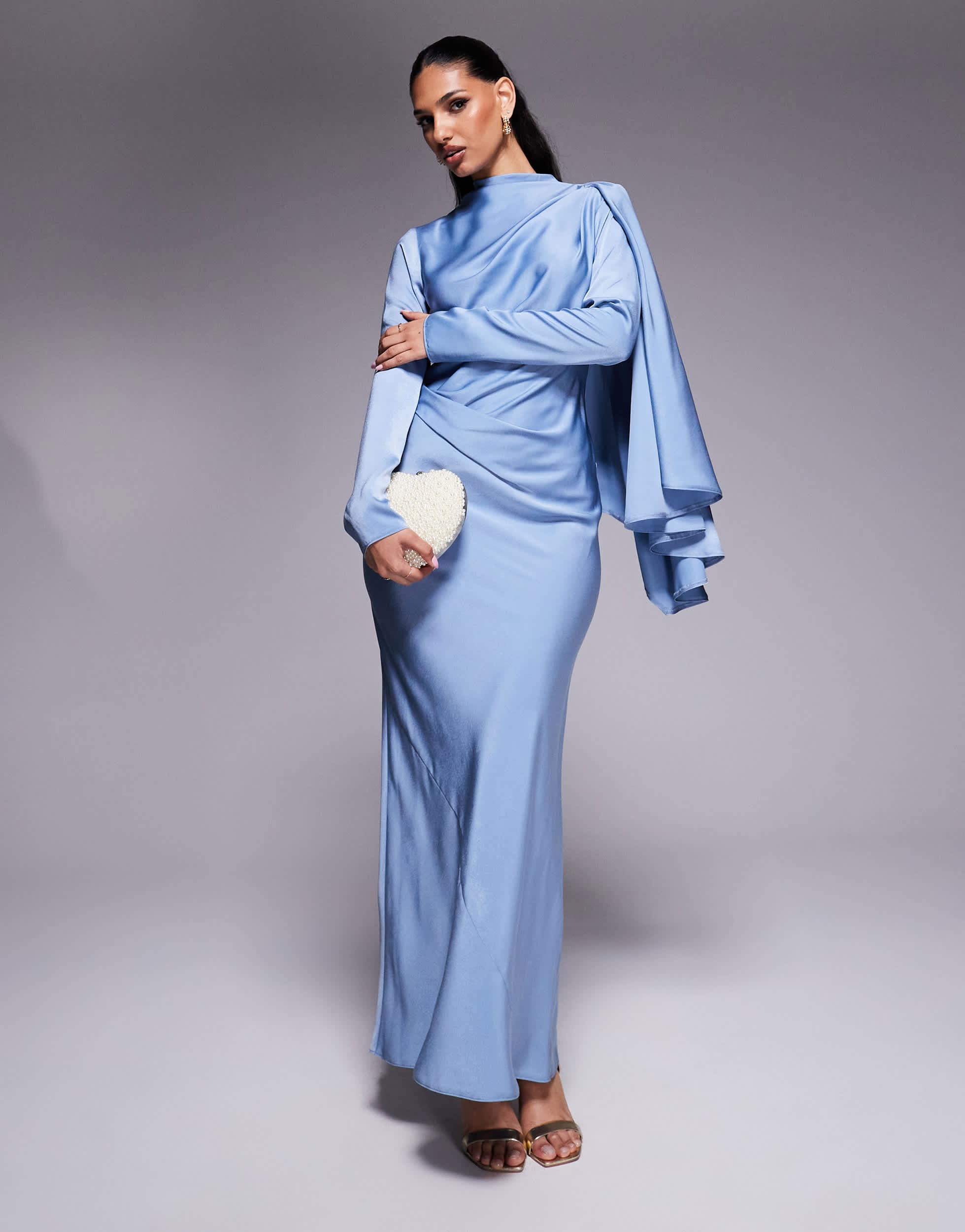 asos design chiffon overlay satin bias maxi dress ASOS Draped Satin Bias Maxi Dress With Scarf Overlay Detail in Blue