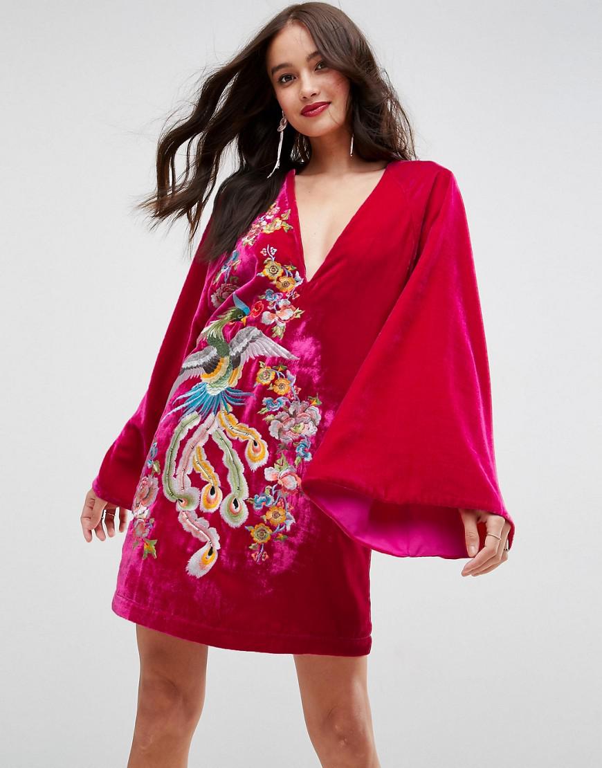 ASOS Embroidered Velvet Kimono Mini Dress in Pink | Lyst