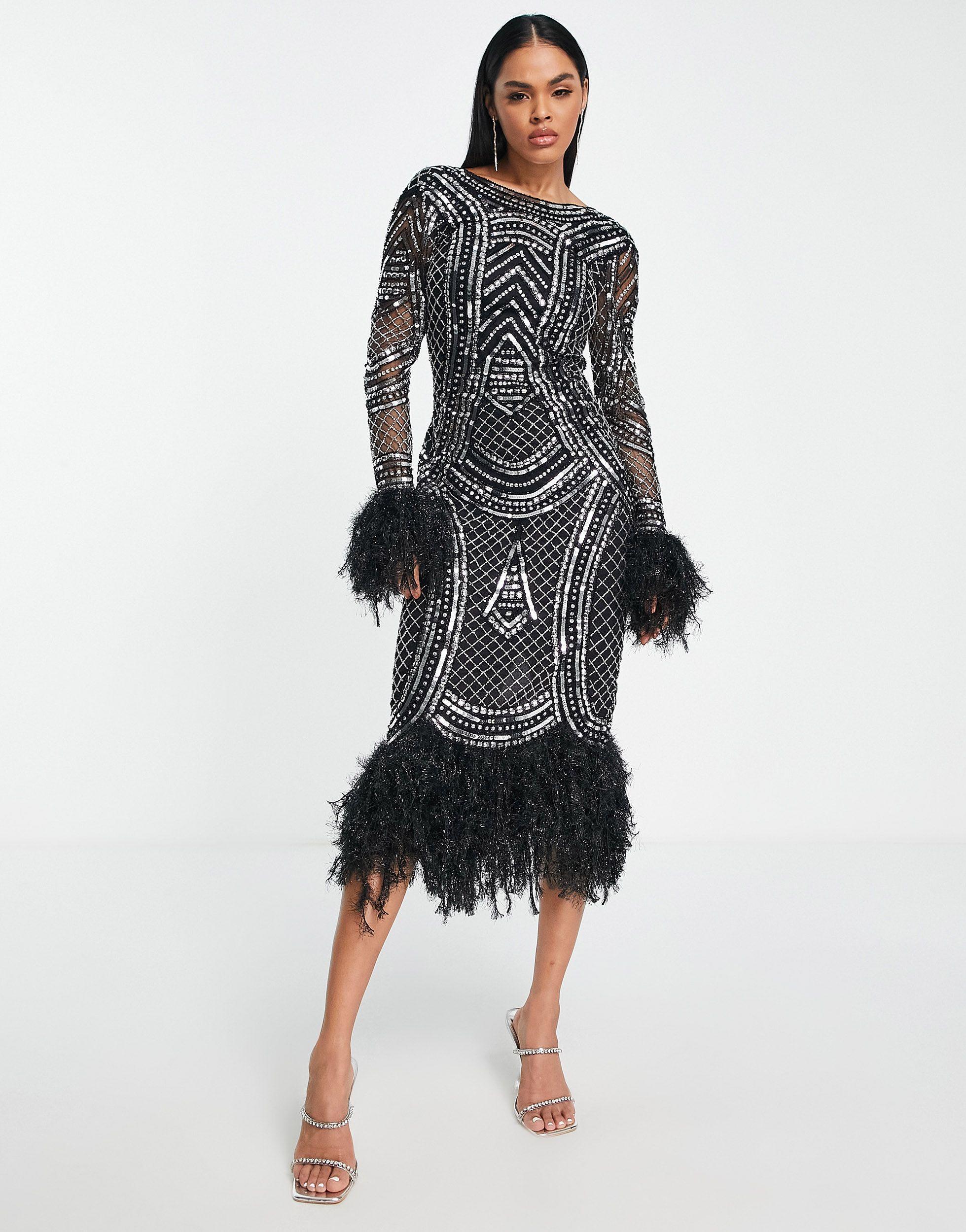 Robe a sequins mi longue avec manches longues et bordures en plumes synthetiques ASOS en coloris Noir Lyst