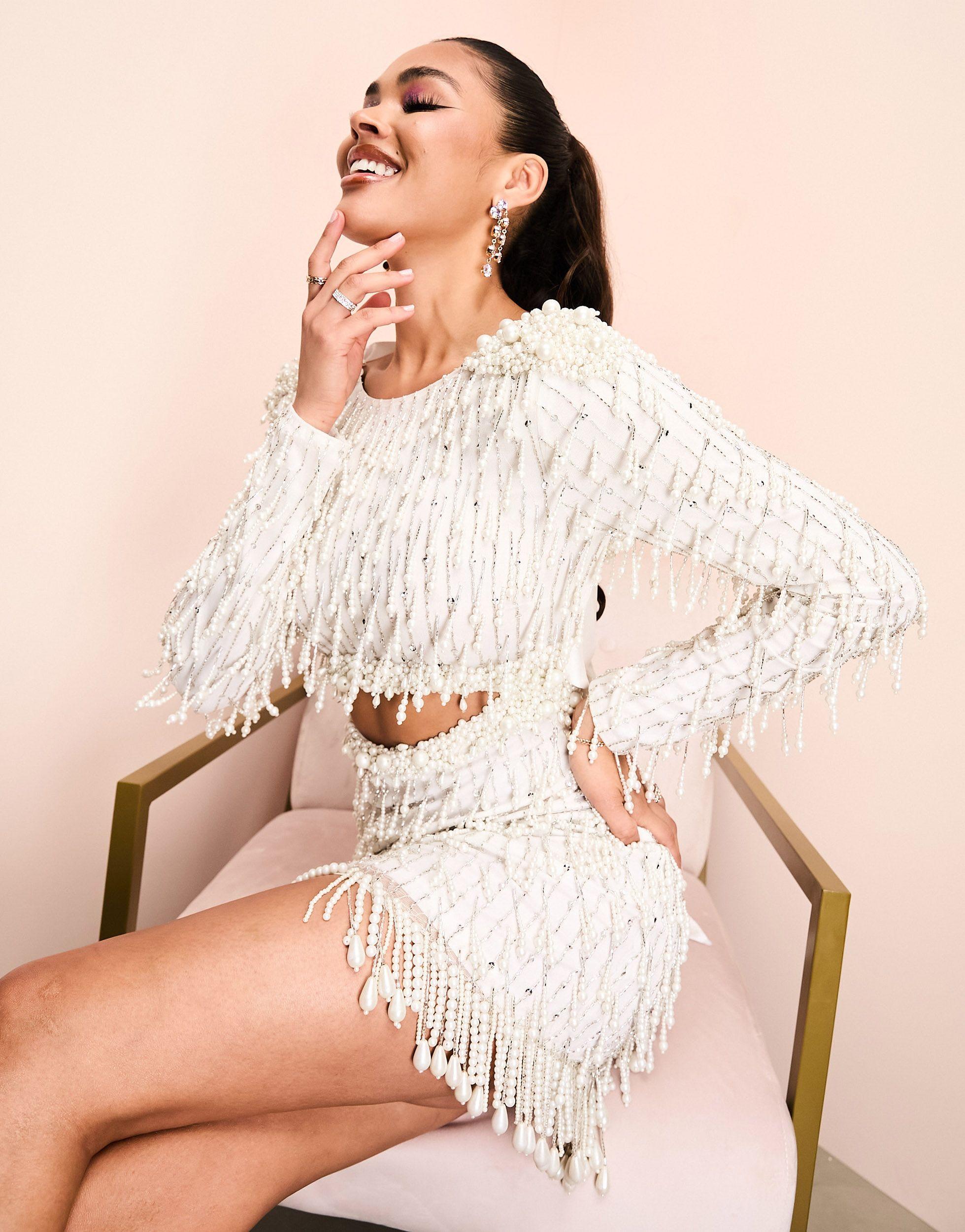 ASOS LUXE pearl embellished crop top and asymmetric faux feather trim skirt  set