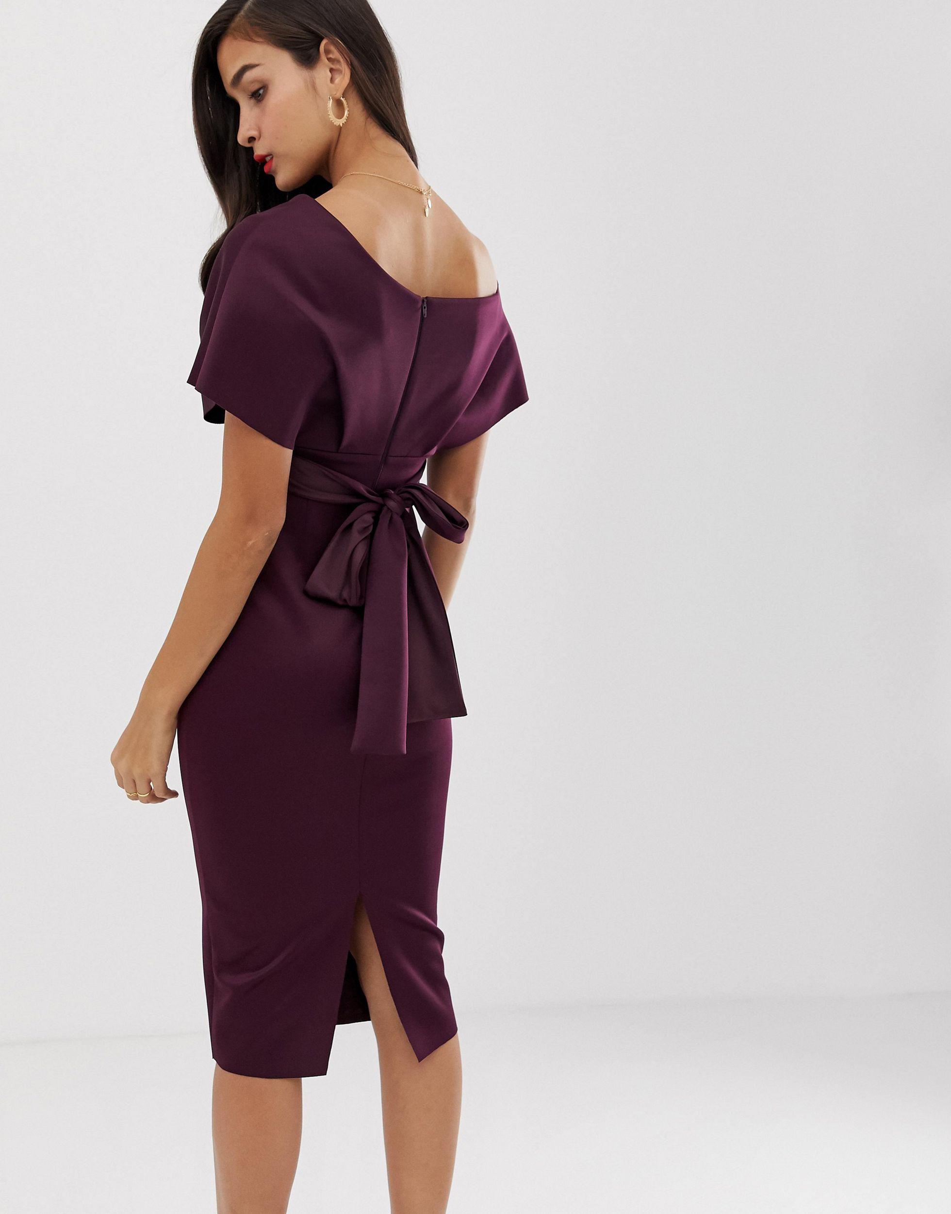 fallen shoulder midi pencil dress with tie detail