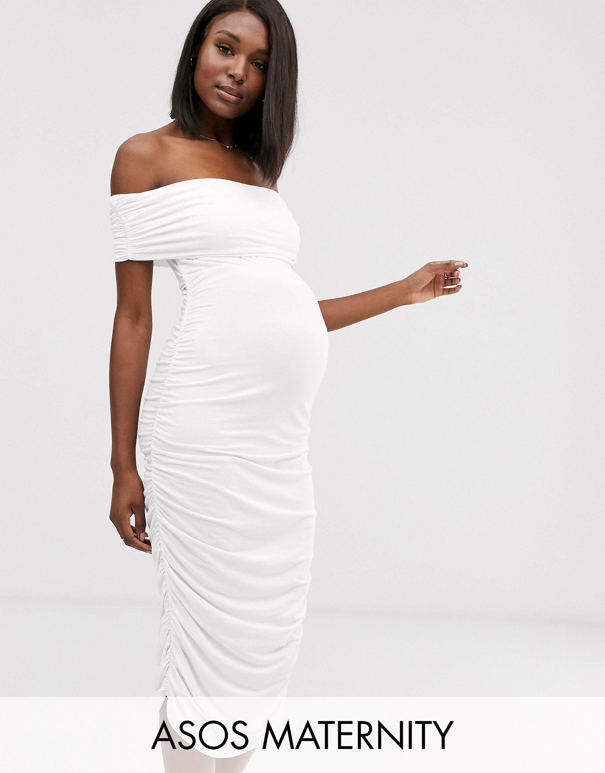 ASOS Asos Design Maternity Bardot Midi Dress With Ruched Sides-white | Lyst
