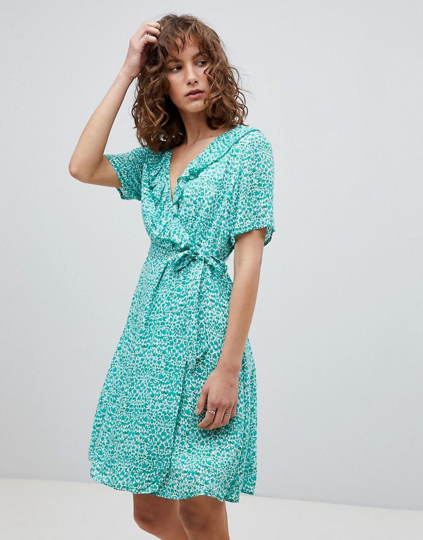 green print wrap dress