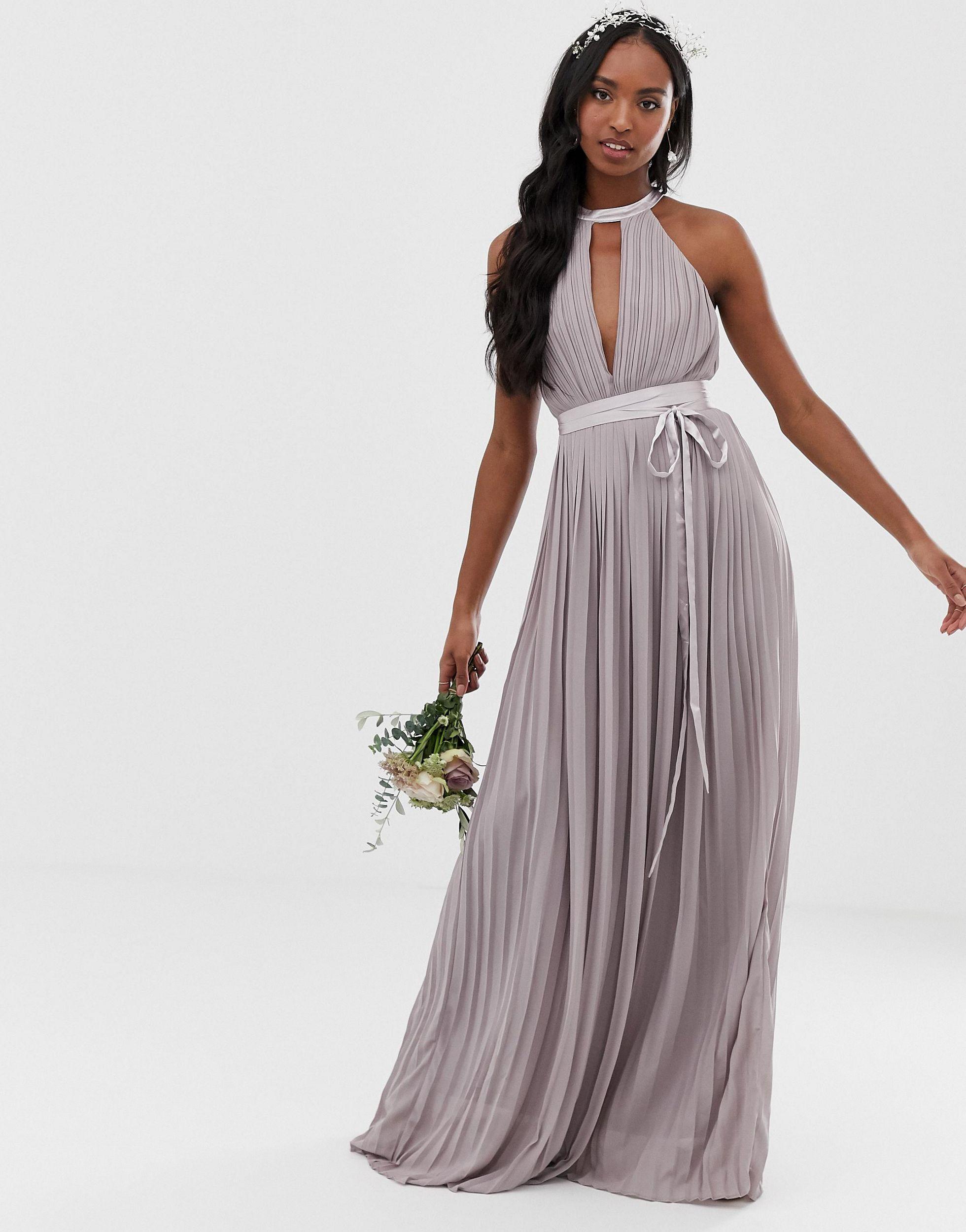 tfnc pleated midi bridesmaid dress with cross back and bow detail