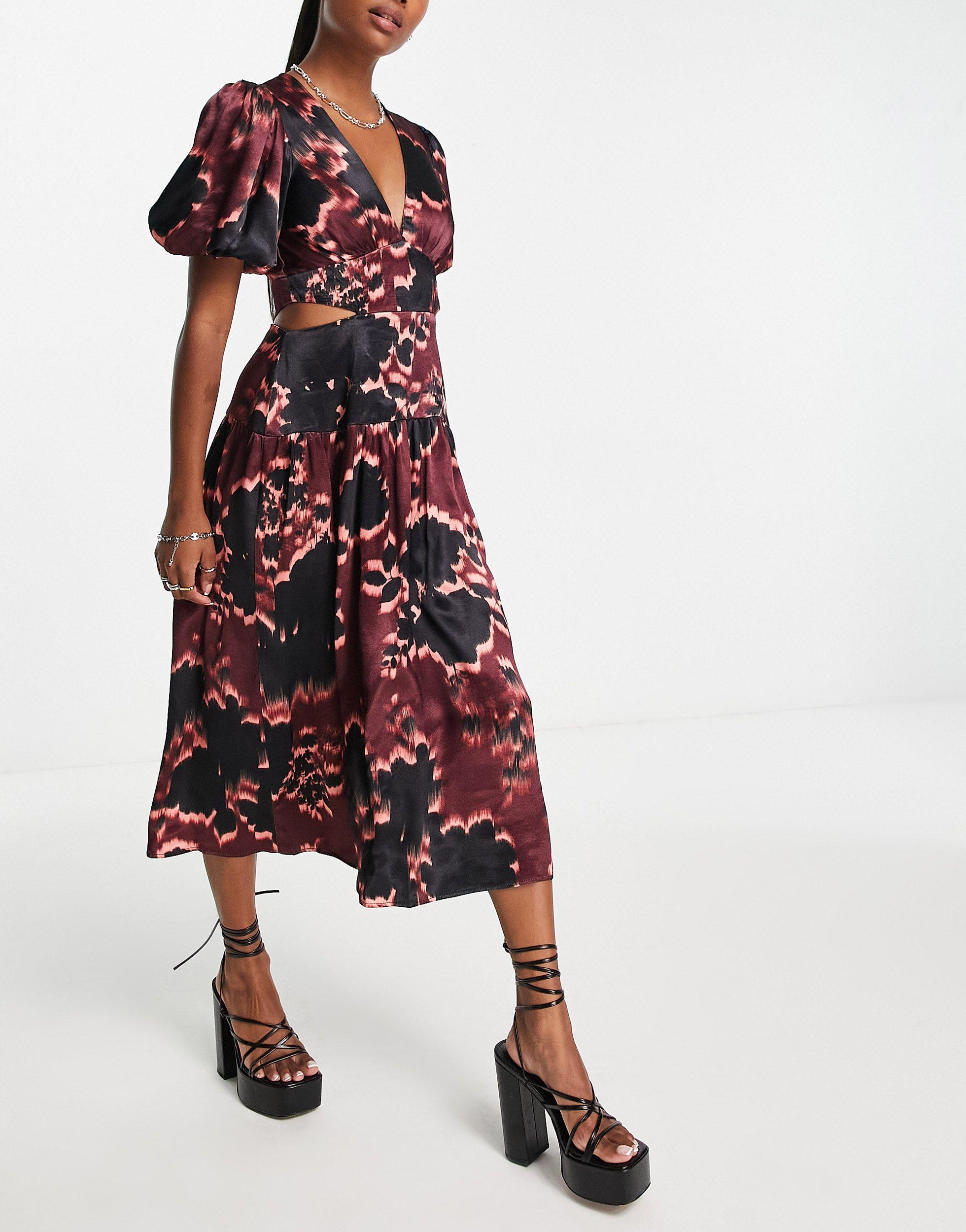 Topshop Unique Graphic Floral Cut Out Waist Midi Dress in Red | Lyst Canada
