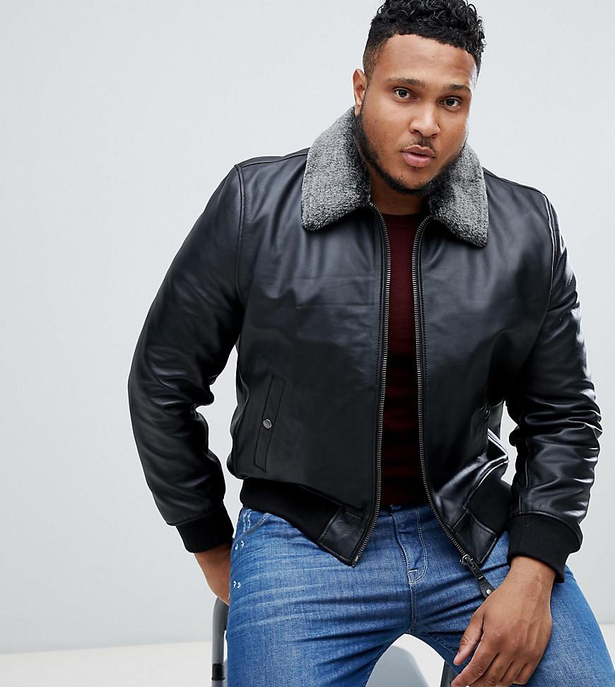 Schott Nyc Leather Flight Jacket With Detachable Faux Fur Collar In