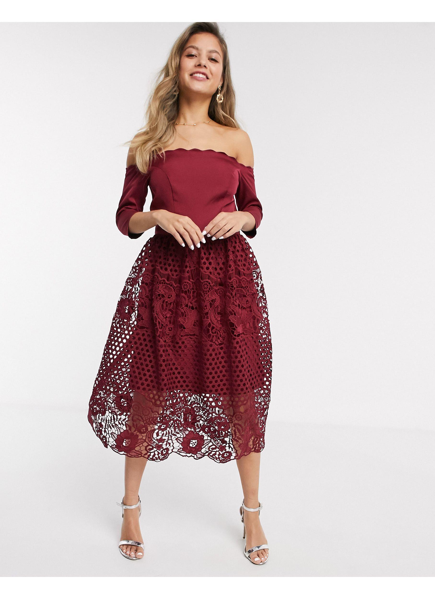 Chi Chi London Synthetic Chi Chi Shannan Bardot Lace Prom Dress in Burgundy  (Red) | Lyst Australia