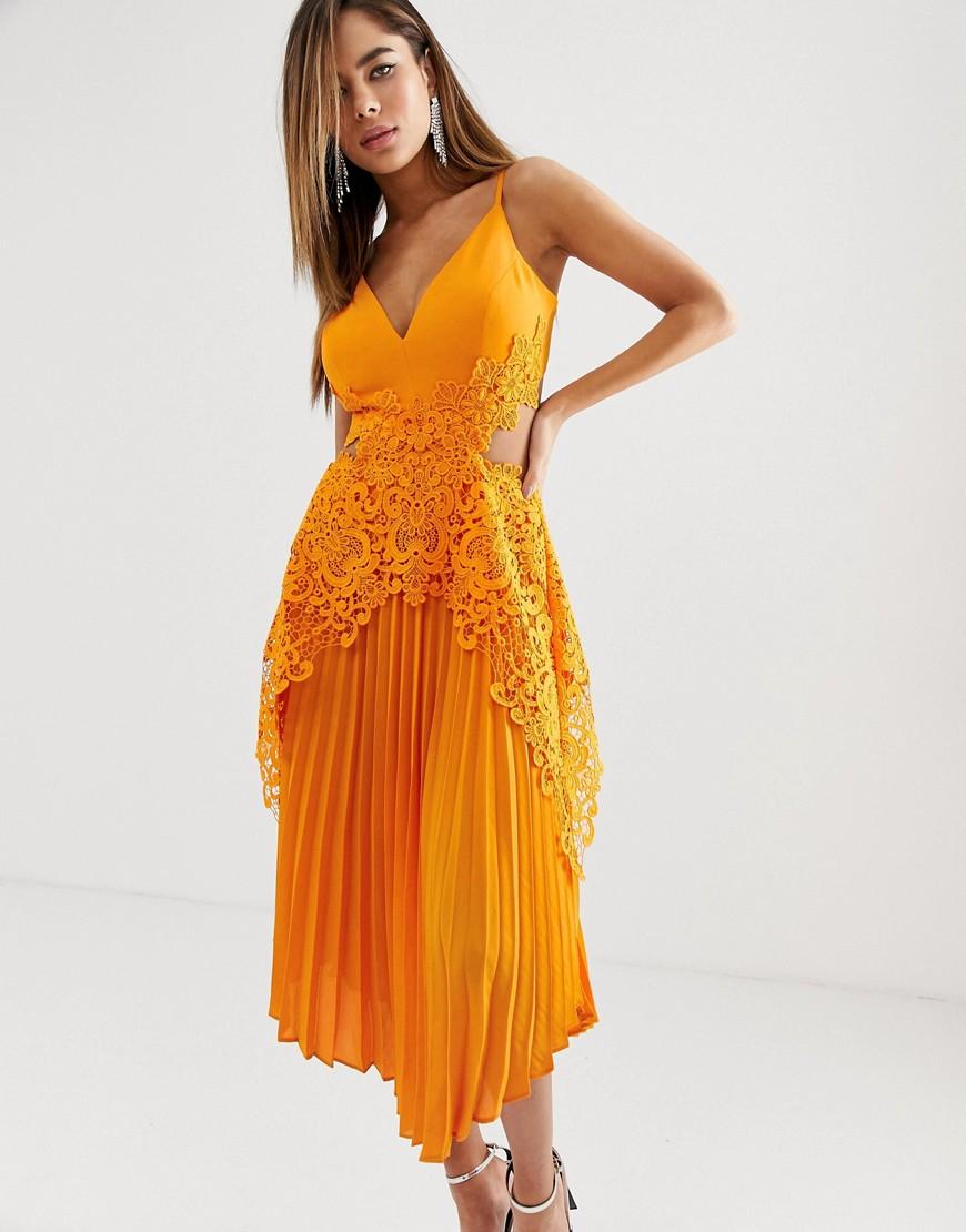 orange pleated midi dress