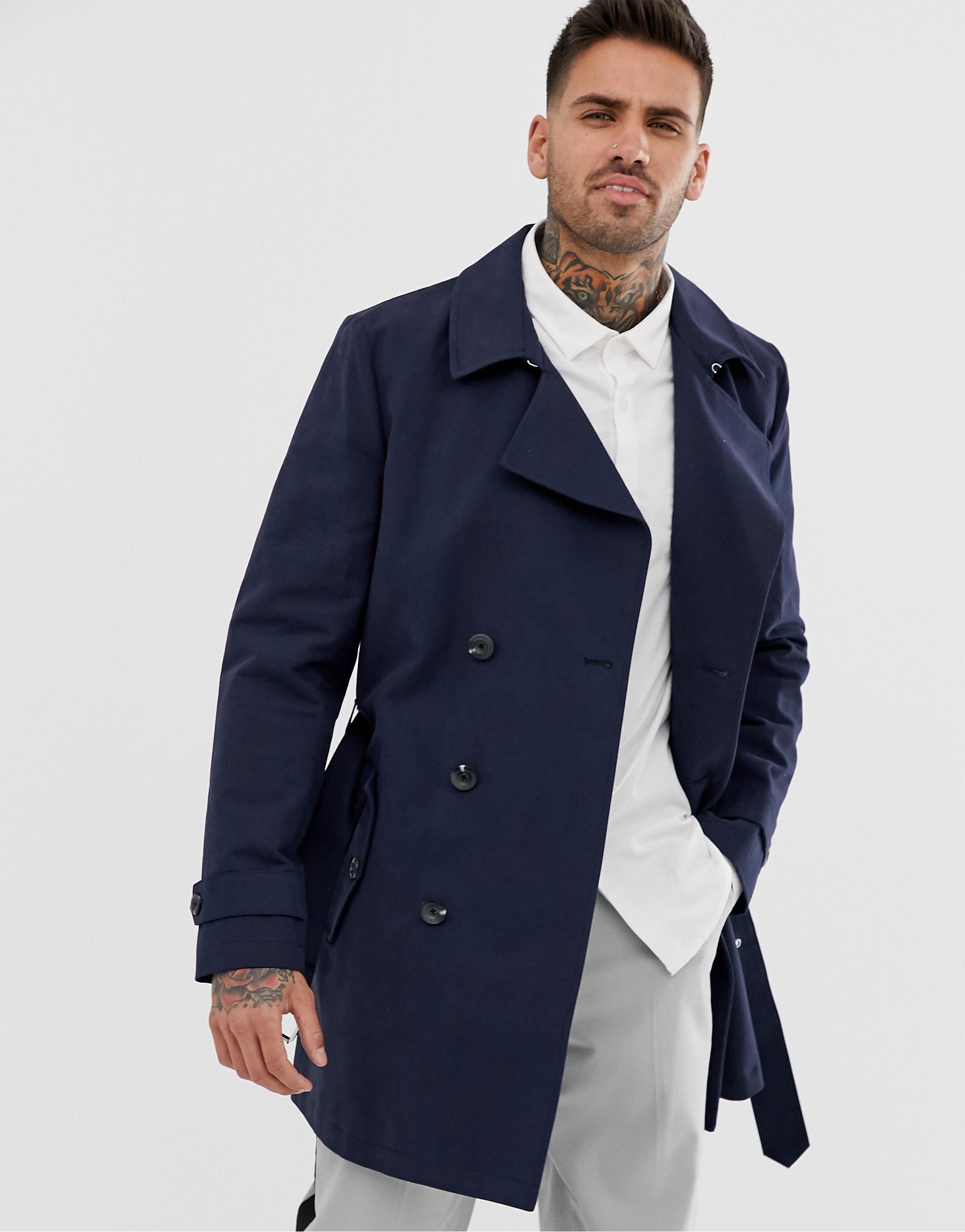 ASOS Cotton Shower Resistant Double Breasted Trench Coat in Navy (Blue) for  Men | Lyst