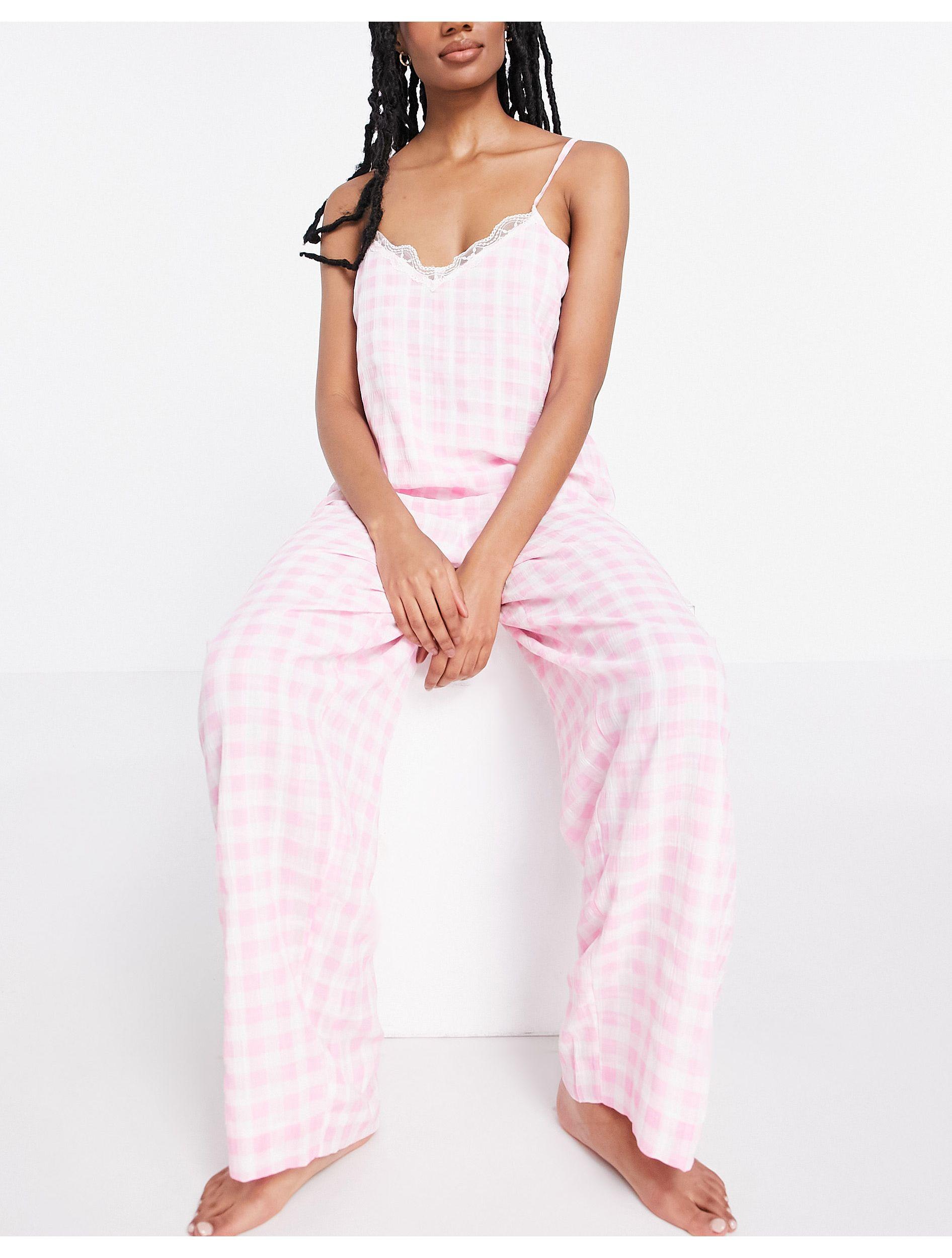 River Island Gingham Check Pyjama Cami And Trouser Set in Pink | Lyst