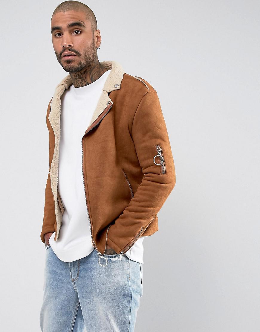 Sixth June Faux Shearling Biker Jacket In Tan Brown For