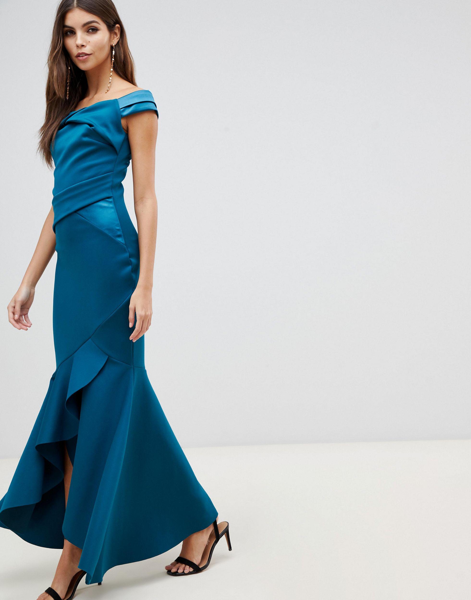 Lipsy Bardot Satin Maxi Dress With Asymmetric Hem in Green Lyst UK