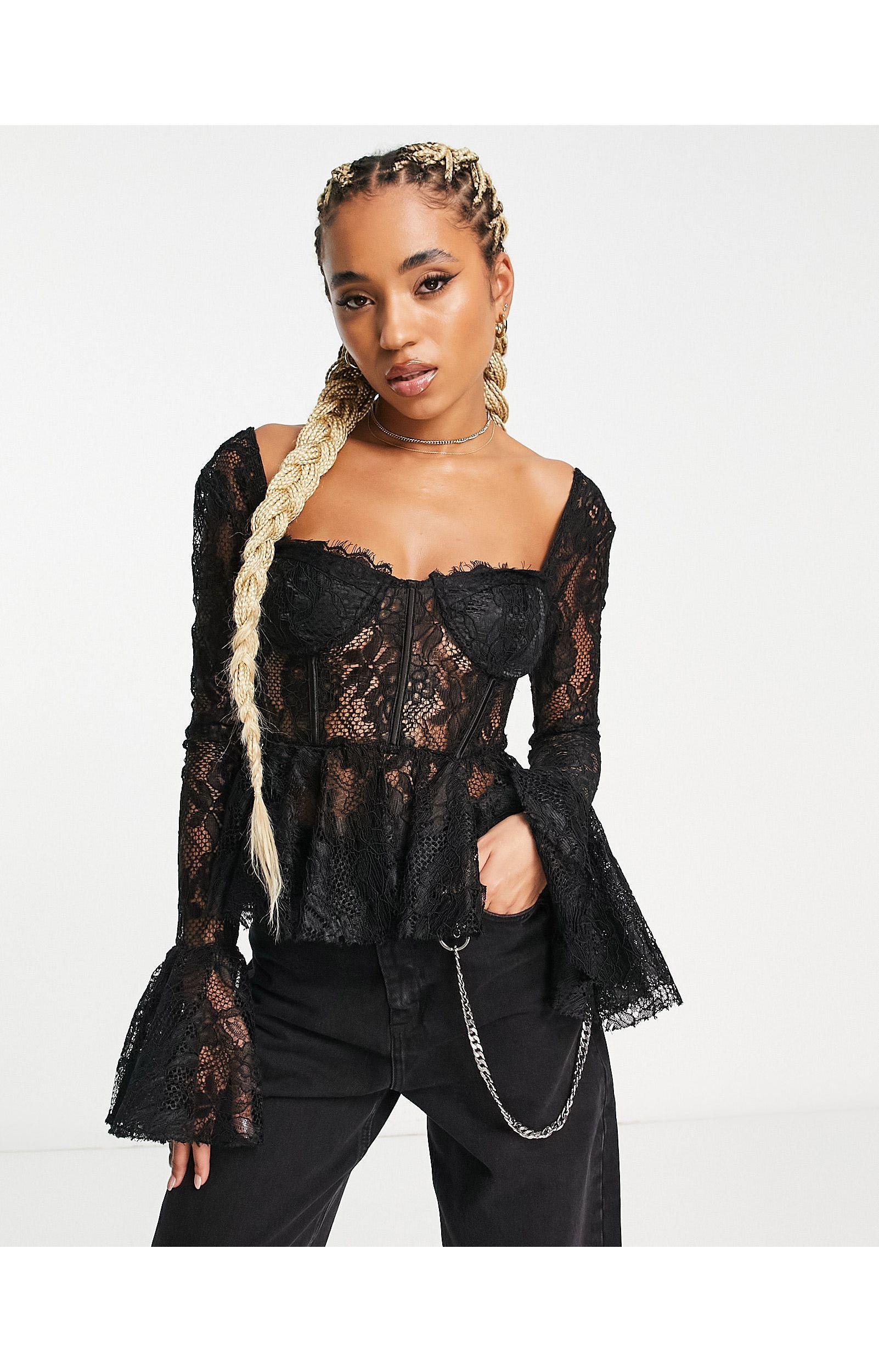 Reclaimed (vintage) Long Sleeve Lace Corset Top in Black | Lyst