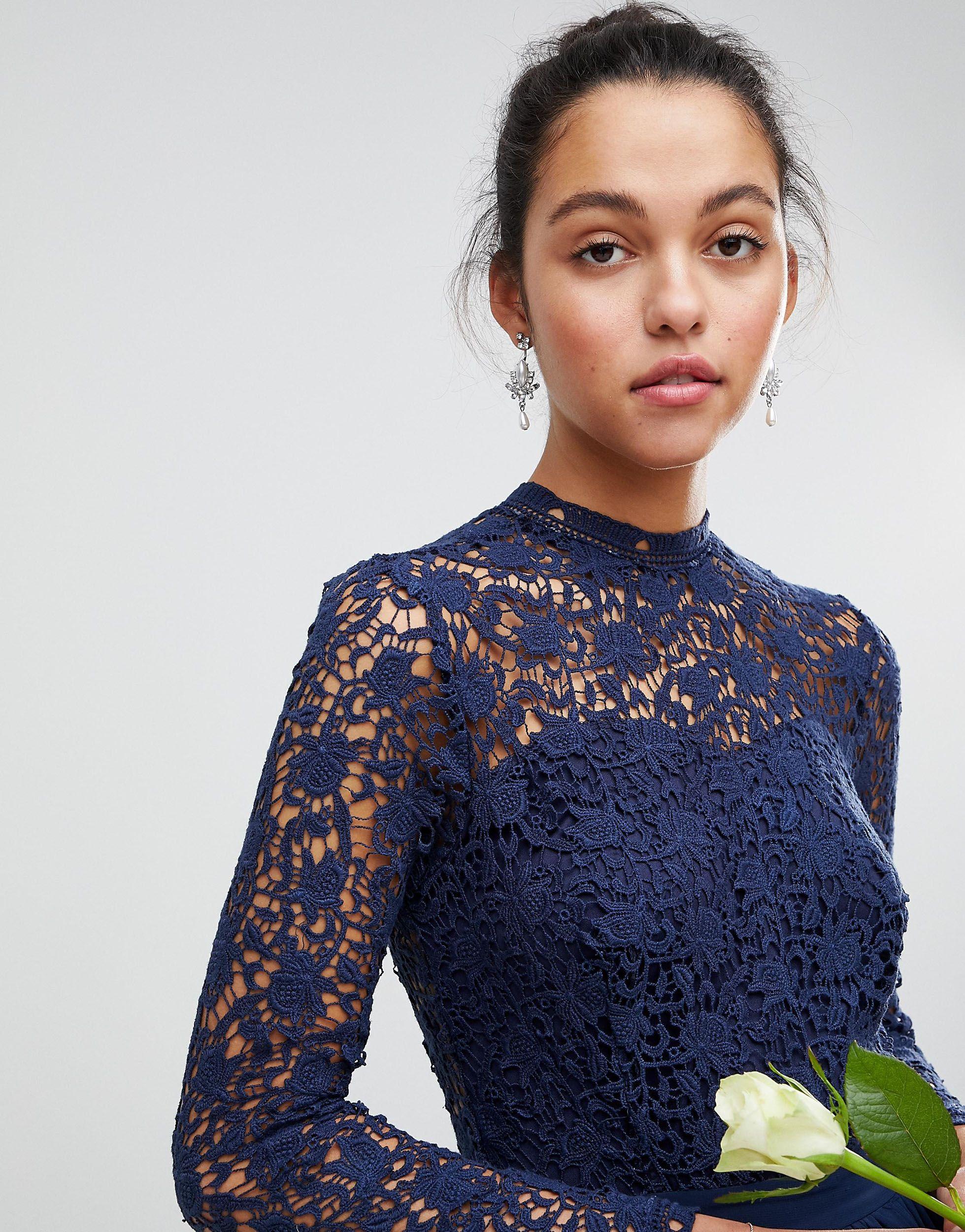 club l high neck crochet lace maxi dress with long sleeves