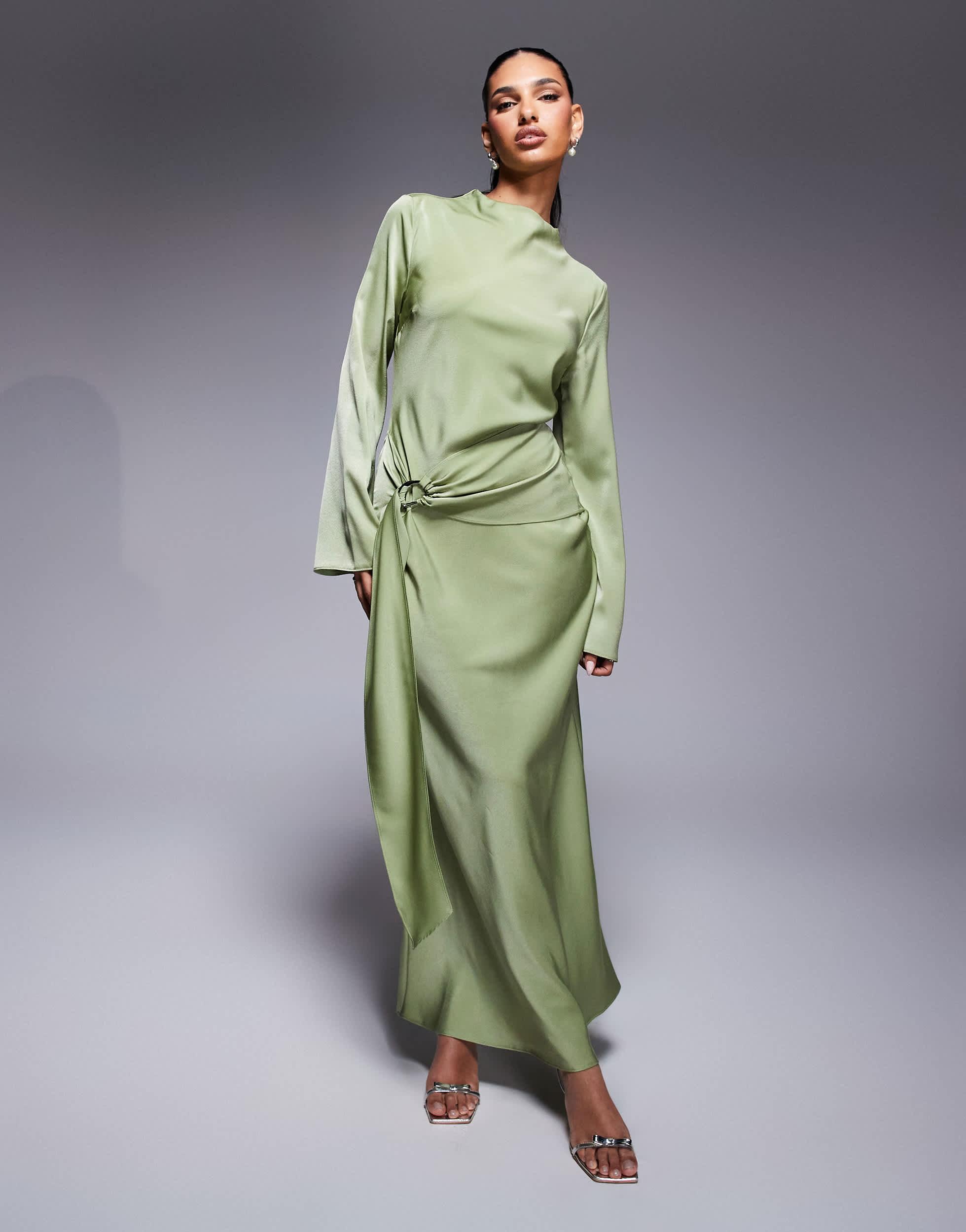 ASOS Long Sleeve Bias Satin Maxi Dress With D-ring Buckle in Green | Lyst ASOS Long Sleeve Bias Satin Maxi Dress With D-ring Buckle in Green | Lyst