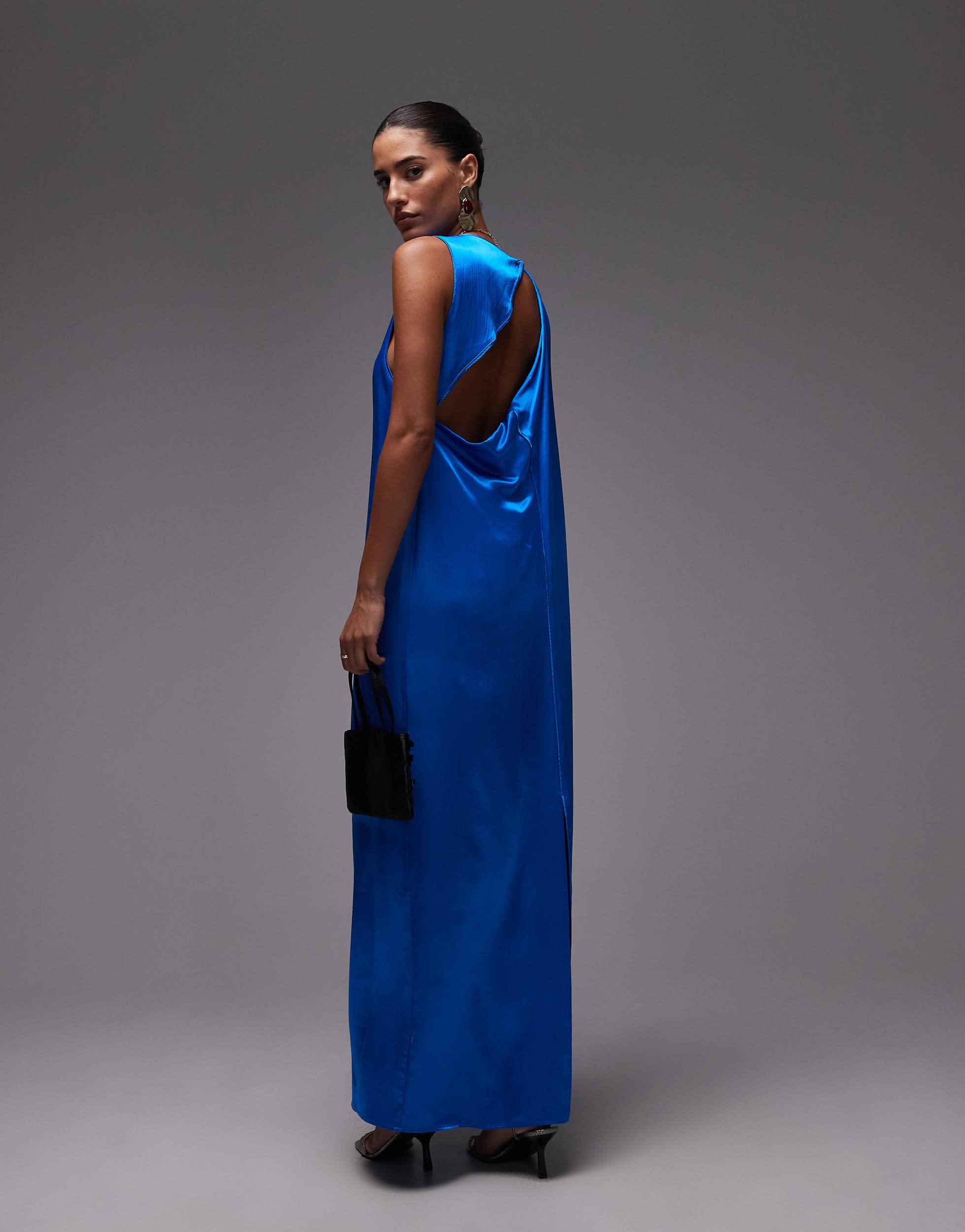 TOPSHOP High Neck Open Back Chuck On Satin Dress in Blue | Lyst Australia