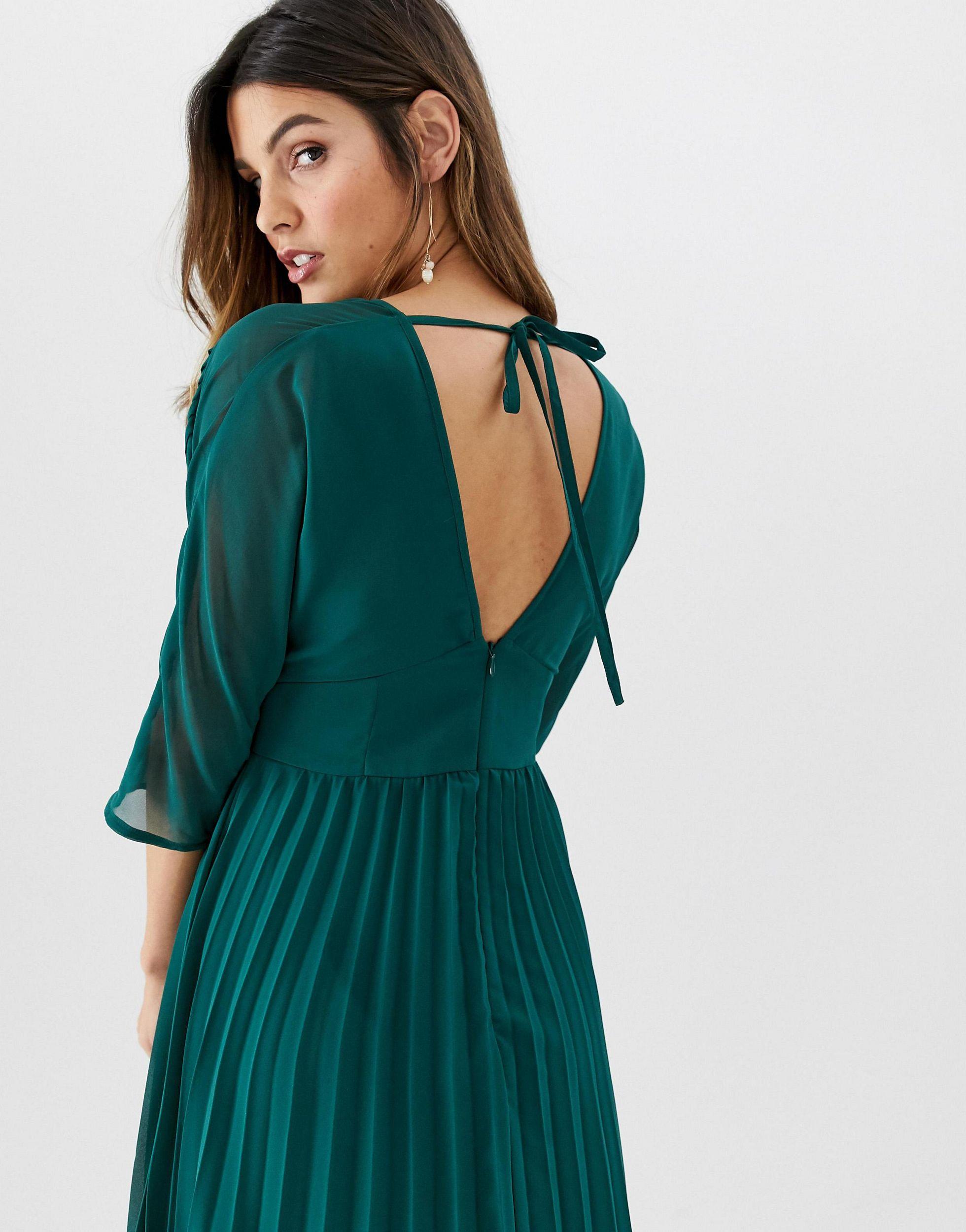 ASOS Denim Pleated Midi Dress With Batwing Sleeves in Green - Lyst