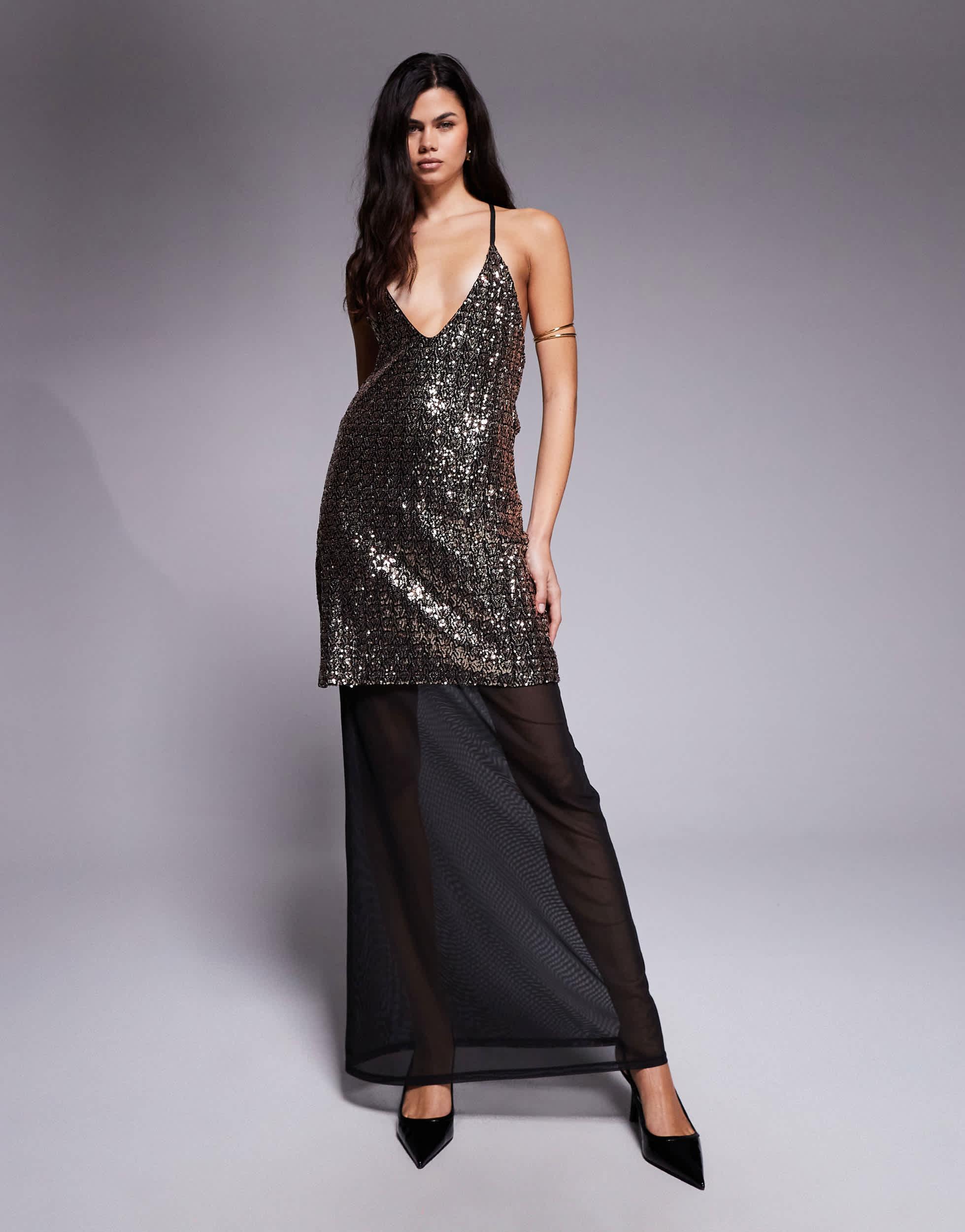 white sequin floor length dress Long White Sequin Gown with Hem and Gloves main image 0
