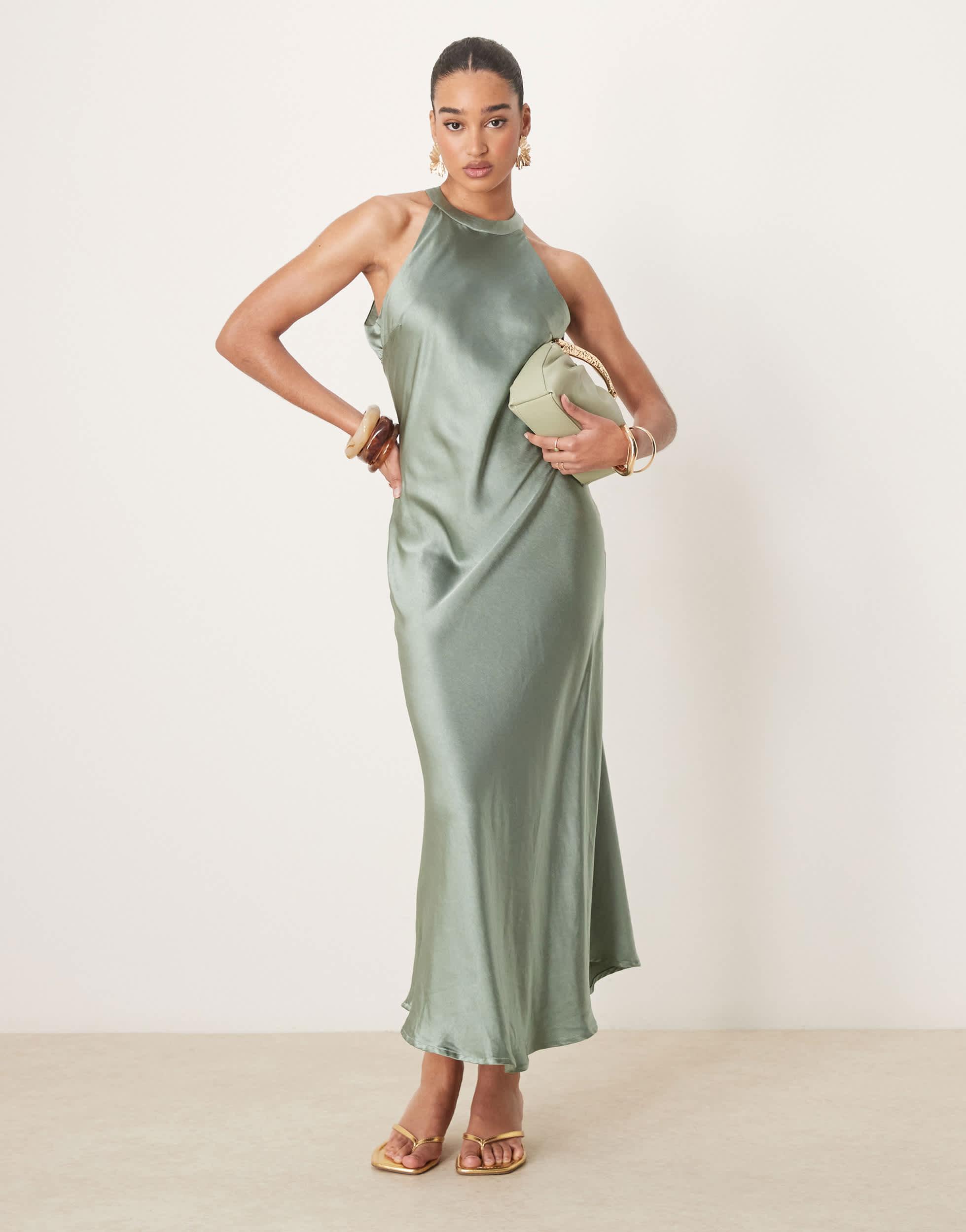 Y.A.S High Neck Satin Maxi Dress in Green | Lyst