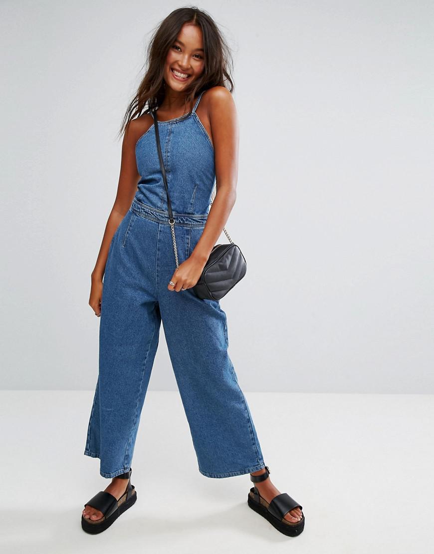 ASOS Denim Jumpsuit With Lace Up Back In Vintage Wash in Blue - Lyst