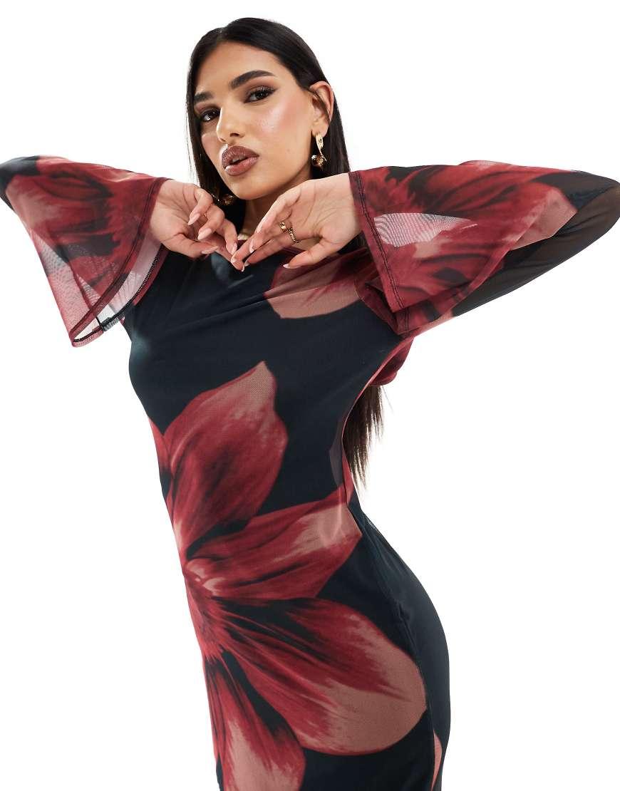 asos black and red floral dress Rent ASOS Luxe Corseted Caged Skirt Mini Dress With Faux Fur Bust In Black  & Red Floral main image 0