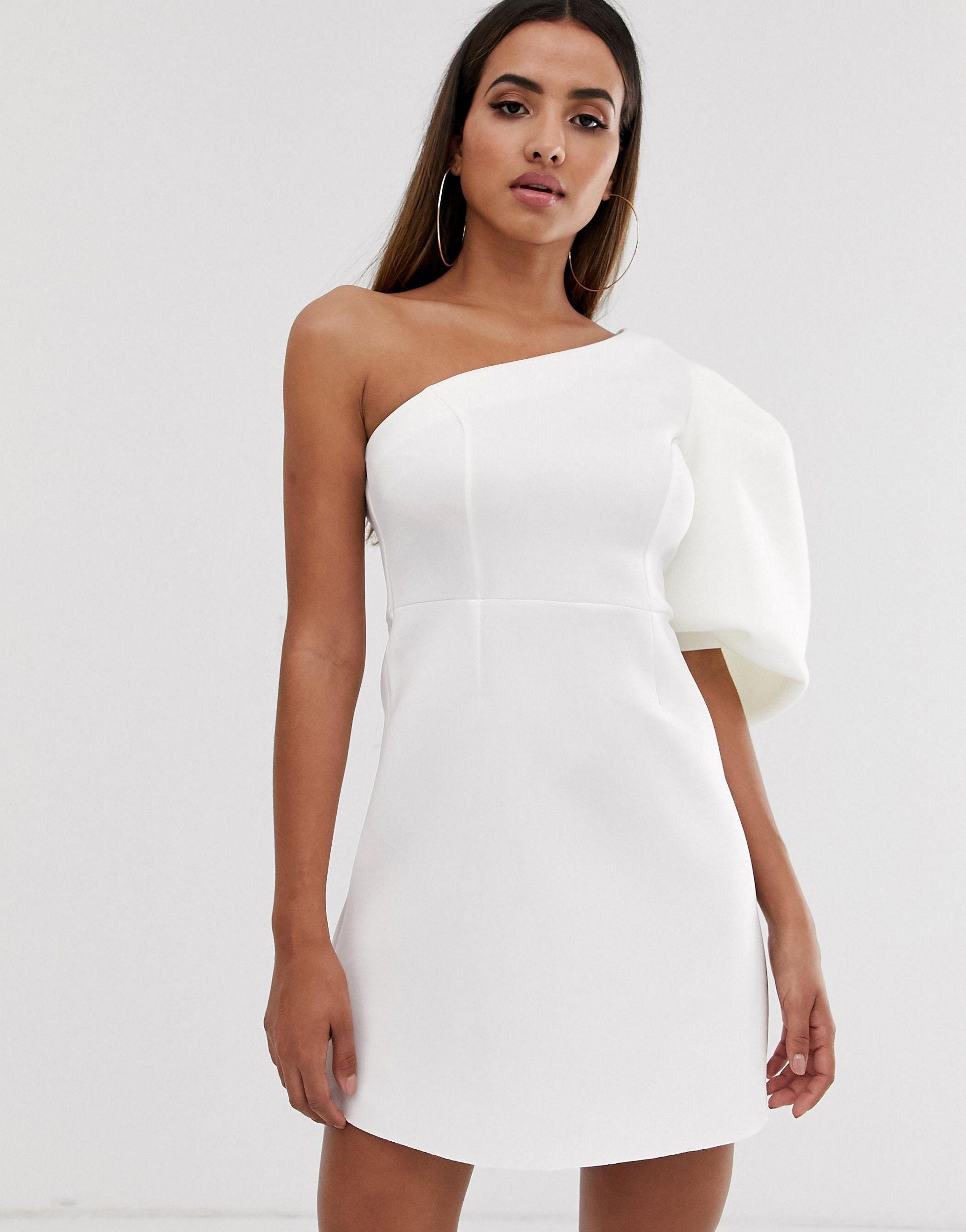 ASOS One Shoulder Puff Sleeve Mini Skater Dress in White | Lyst