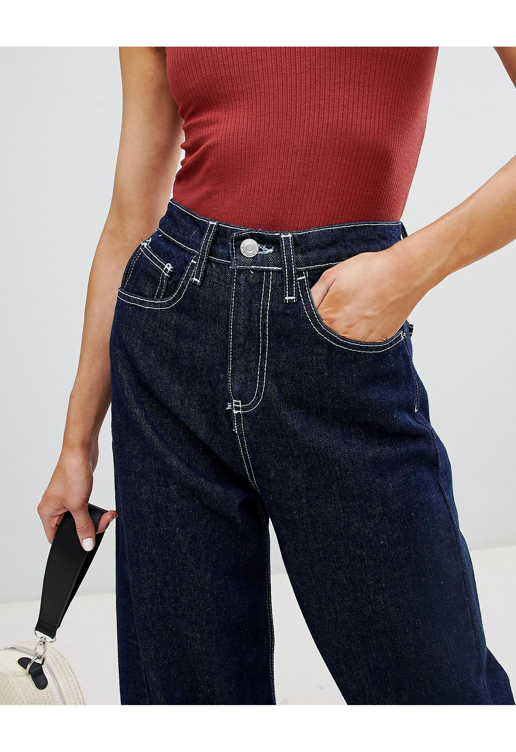 Stradivarius Wide Leg Jean With Contrast Stitch in Blue | Lyst