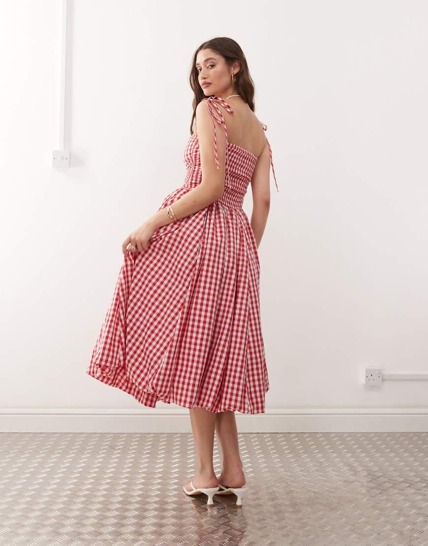 Vestido Midi A Cuadros Vichy Rojos Con Diseño Abullonado Y