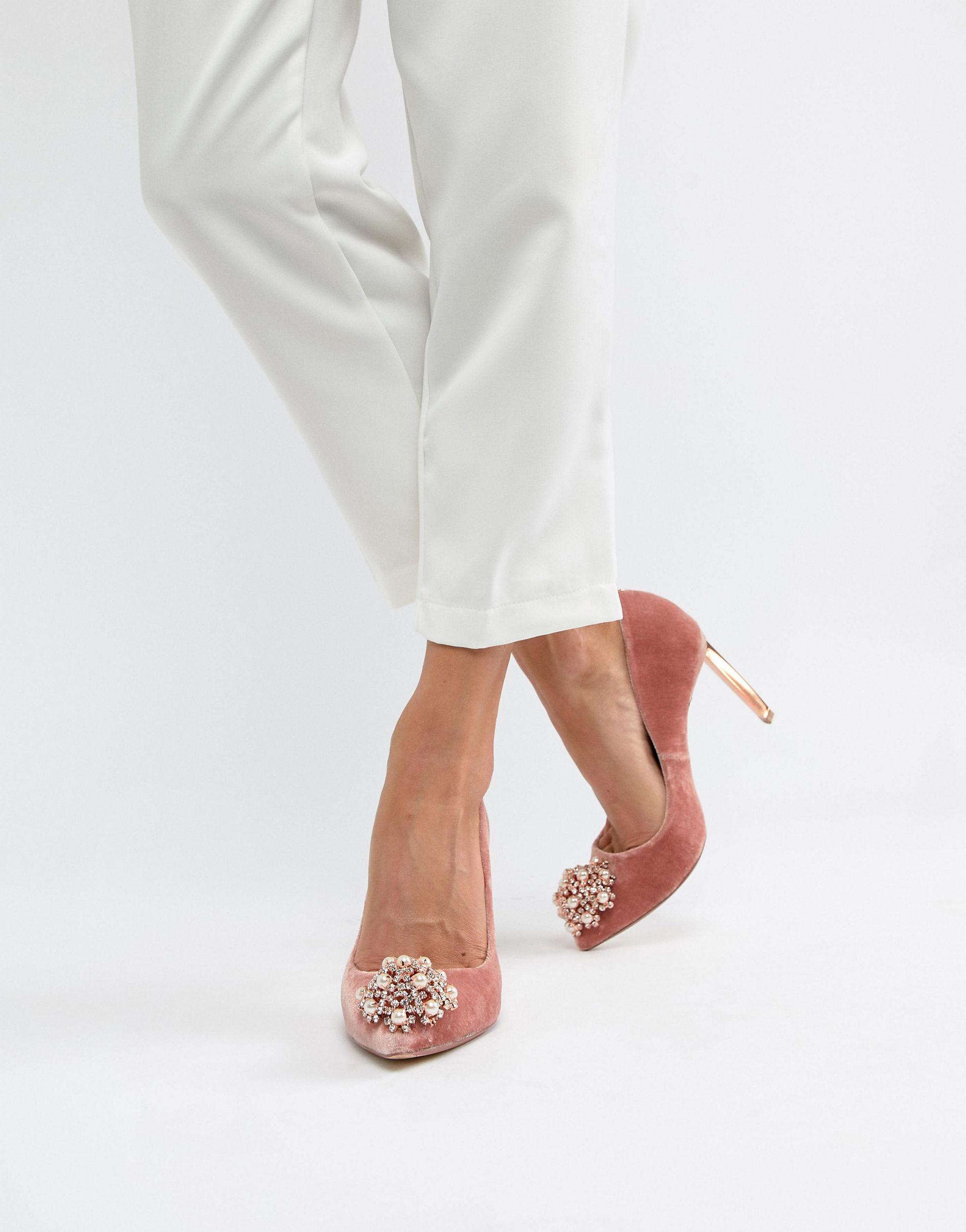 Ted Baker Pink Velvet Embellished Heeled Court Shoes | Lyst
