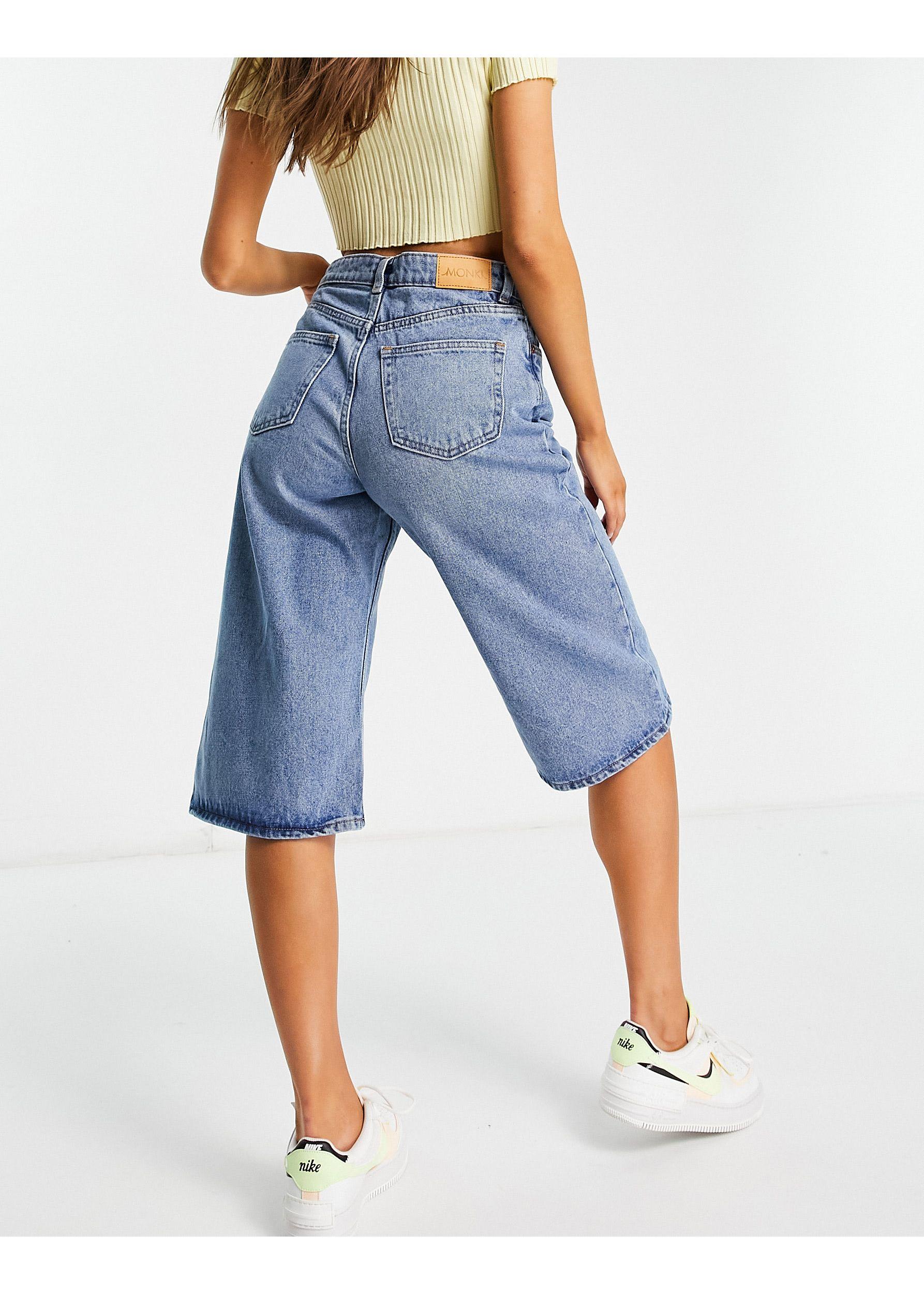 Monki Agatha Organic Cotton Longline Denim Shorts in Blue | Lyst