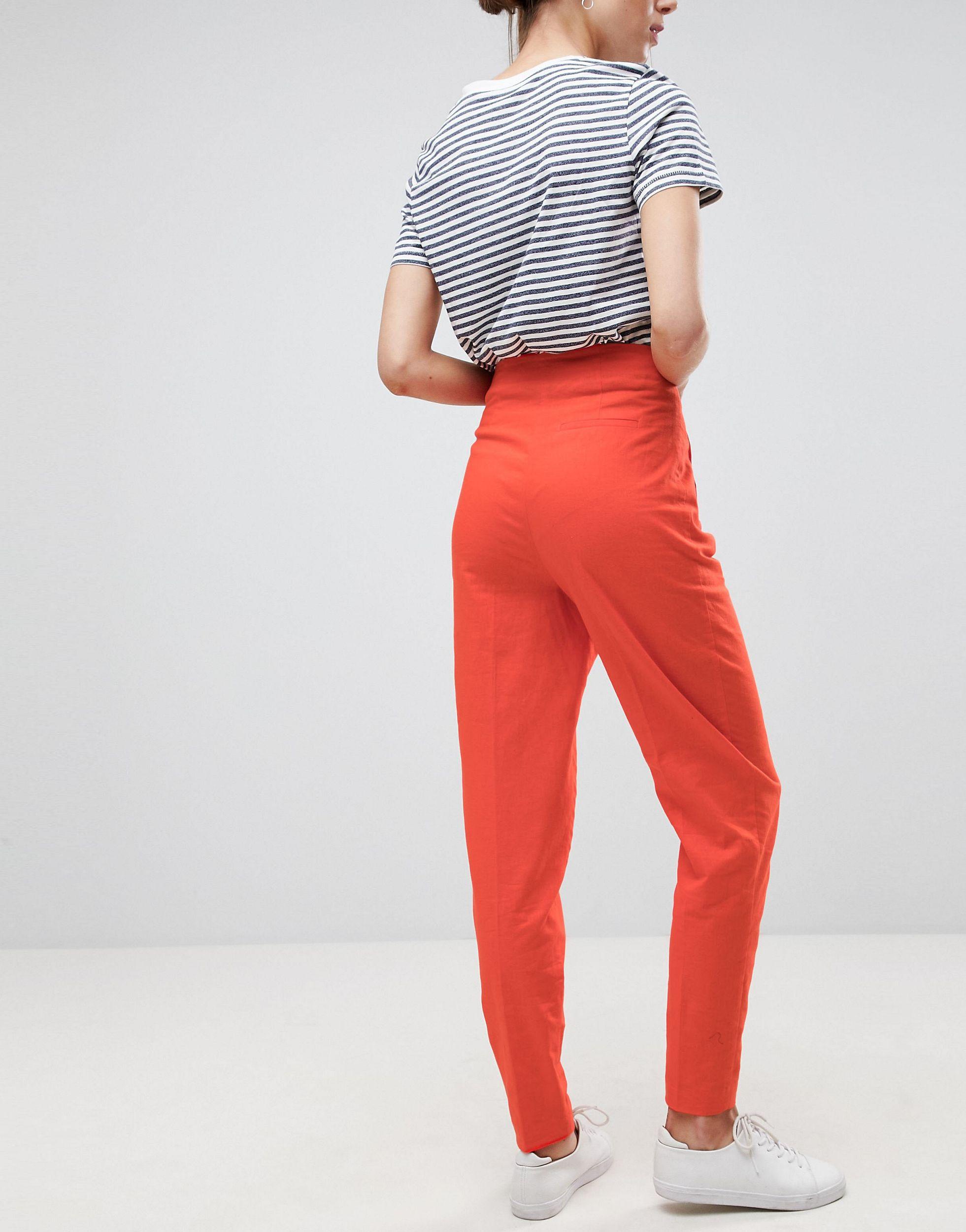 ASOS Tailored Clean High Waist Linen Peg Trousers in Orange - Lyst