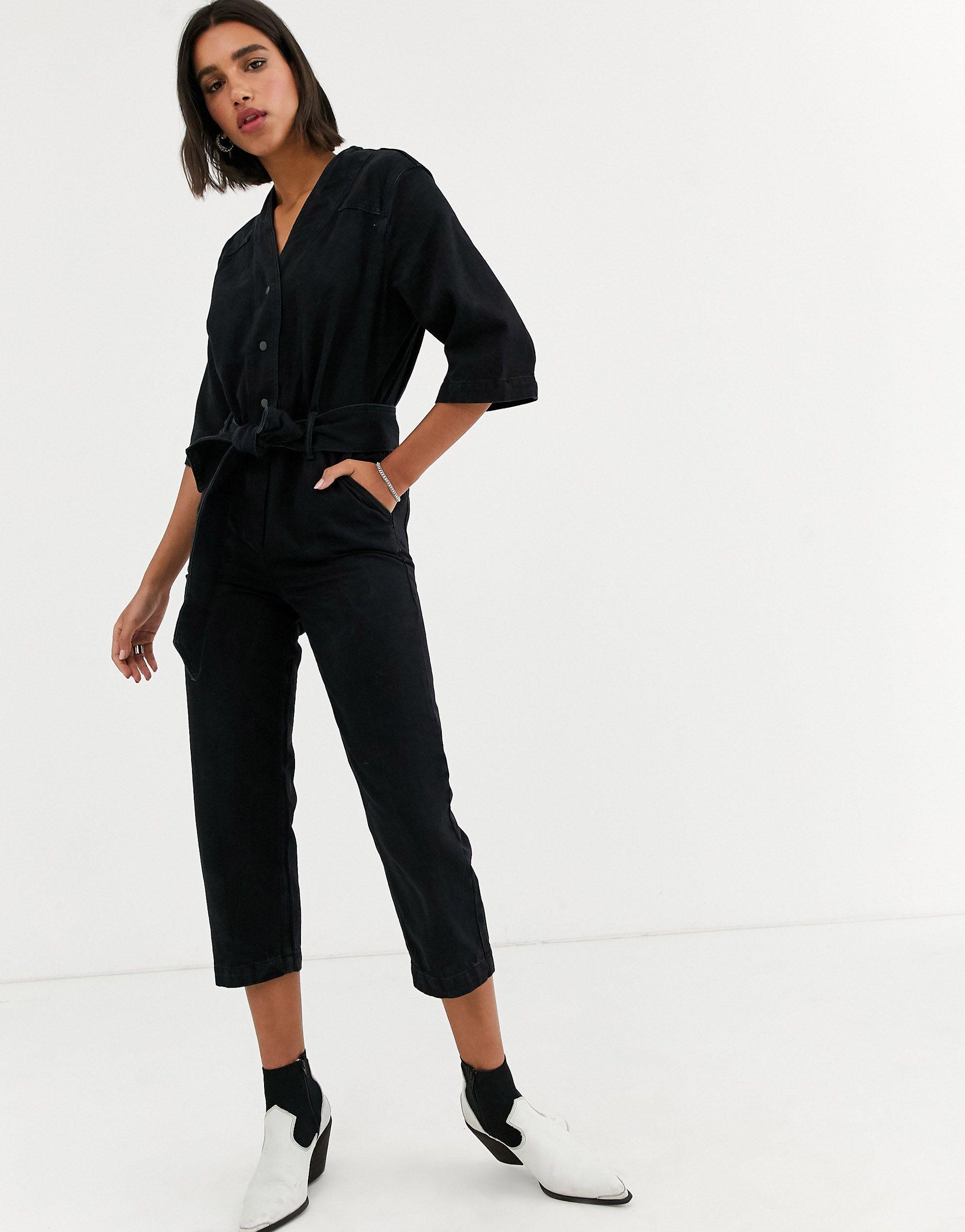 AllSaints Utility Denim Jumpsuit With Short Sleeves in Black | Lyst