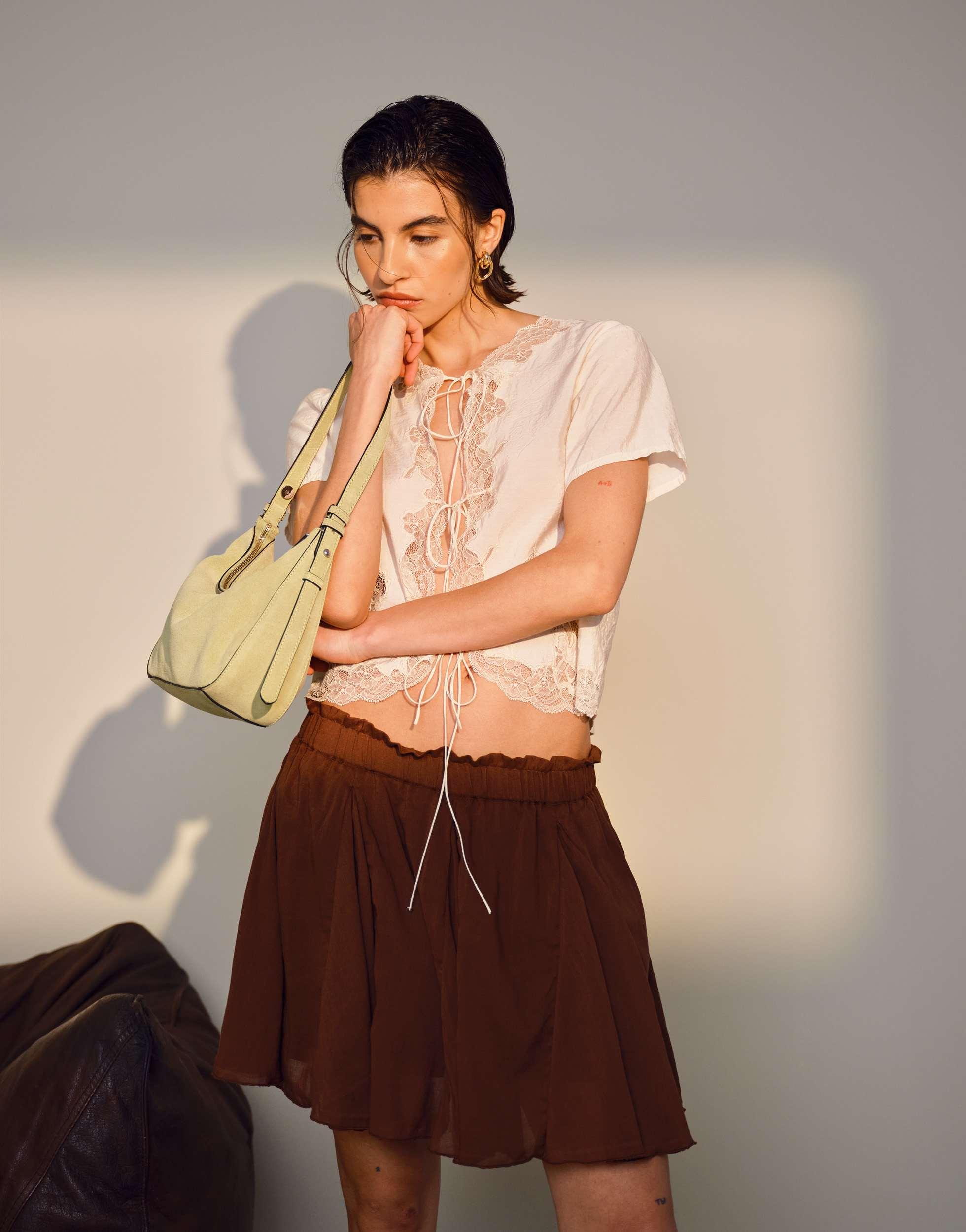 TOPSHOP Delicate Tie Front Cap Sleeve With Lace Top in Brown | Lyst
