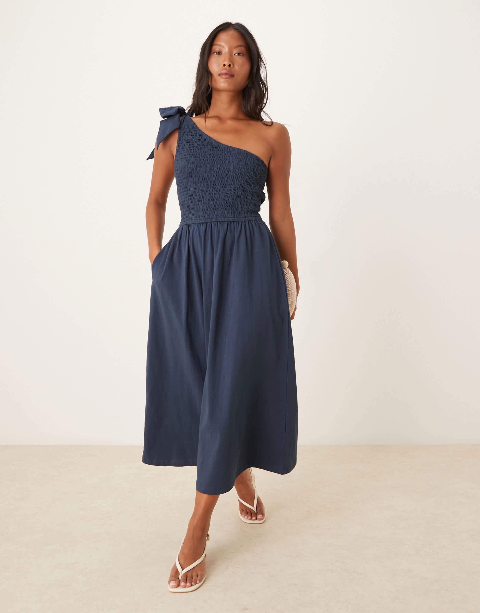 one shoulder shirred dress Sienna One-Shoulder Shirred Dress in Cotton Poplin ELF