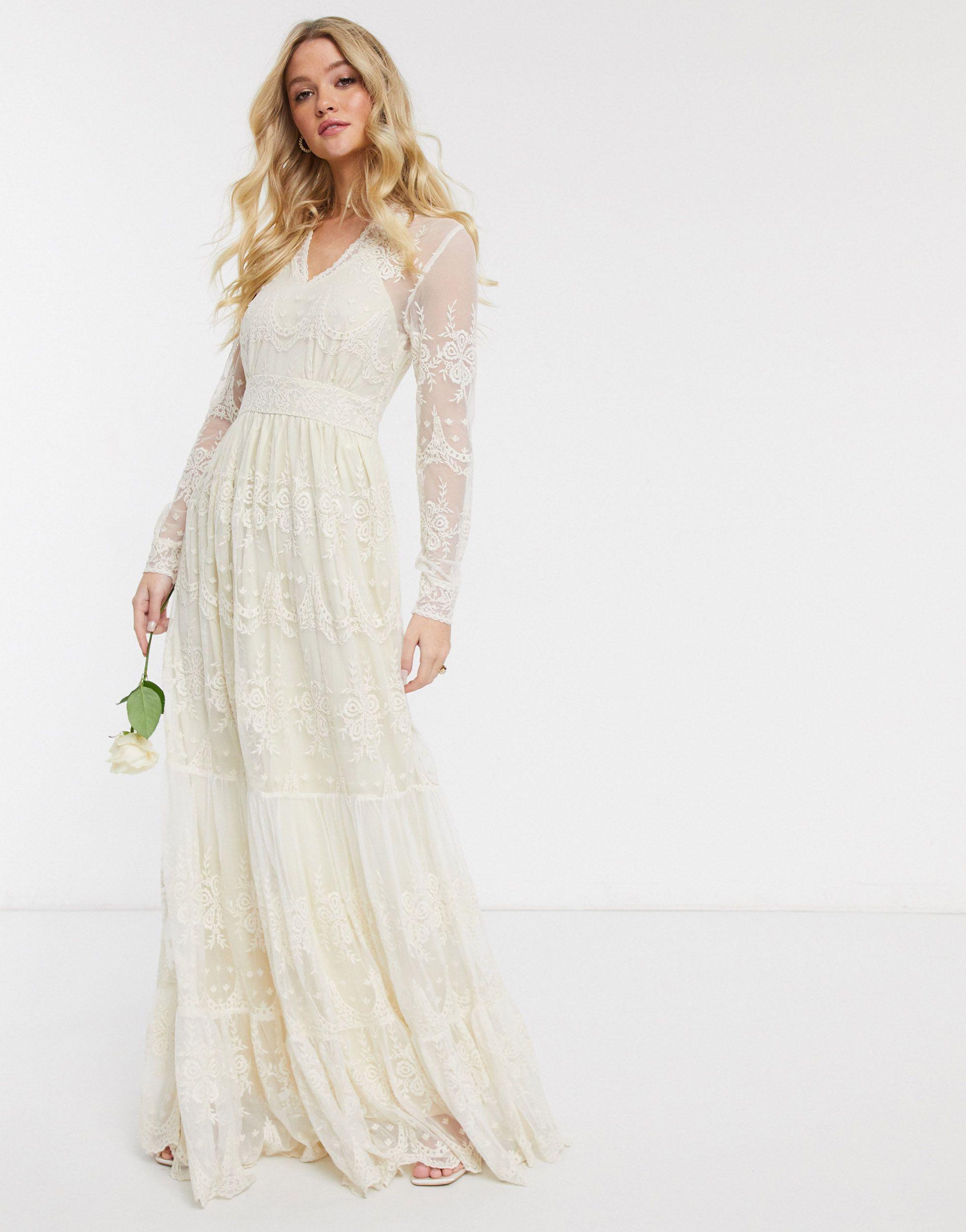 Y.A.S Cotton Wedding Maxi Dress With Plunge Neck in Cream (Natural) - Lyst