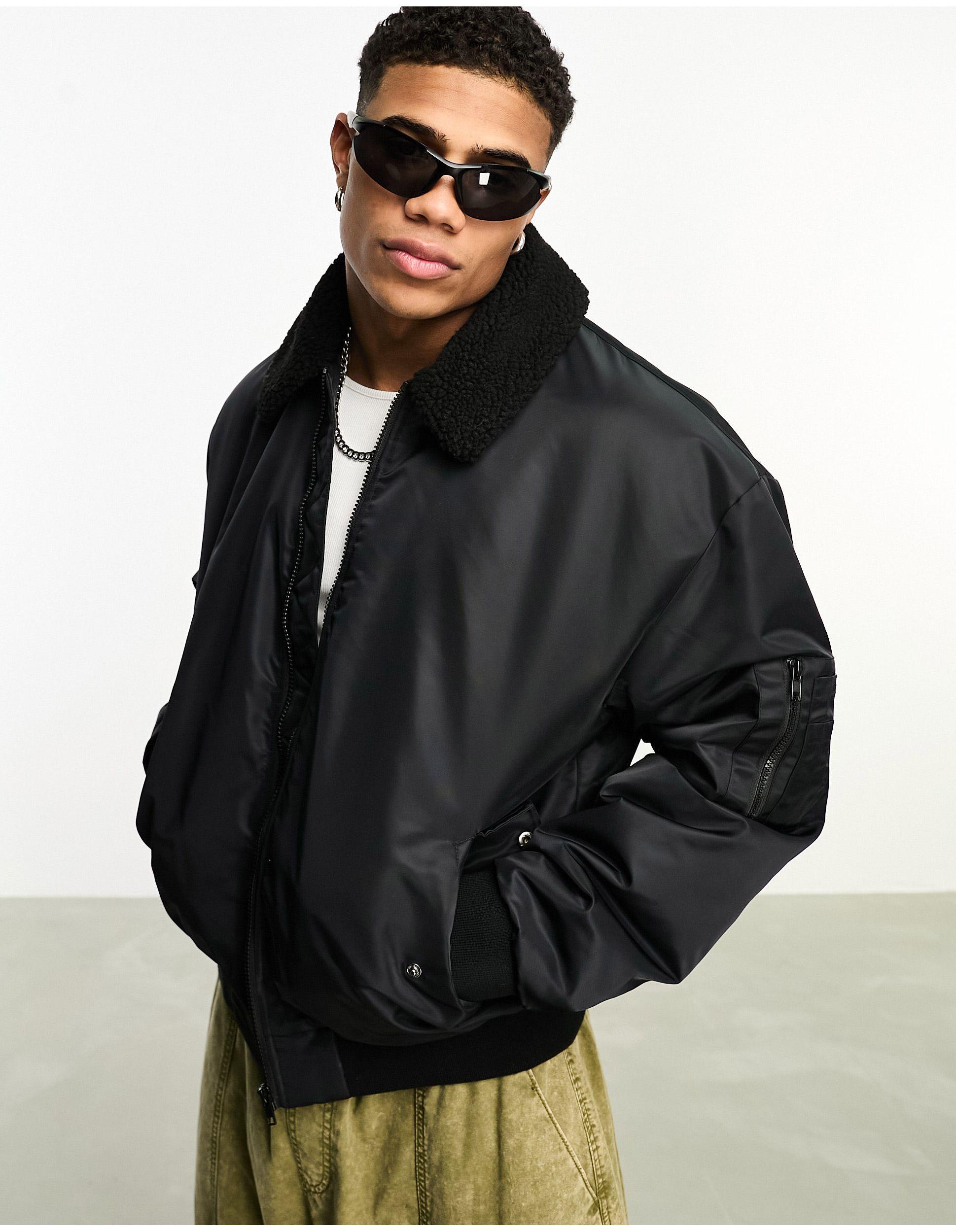 ASOS Oversized Bomber Jacket With Borg Collar in Black for Men