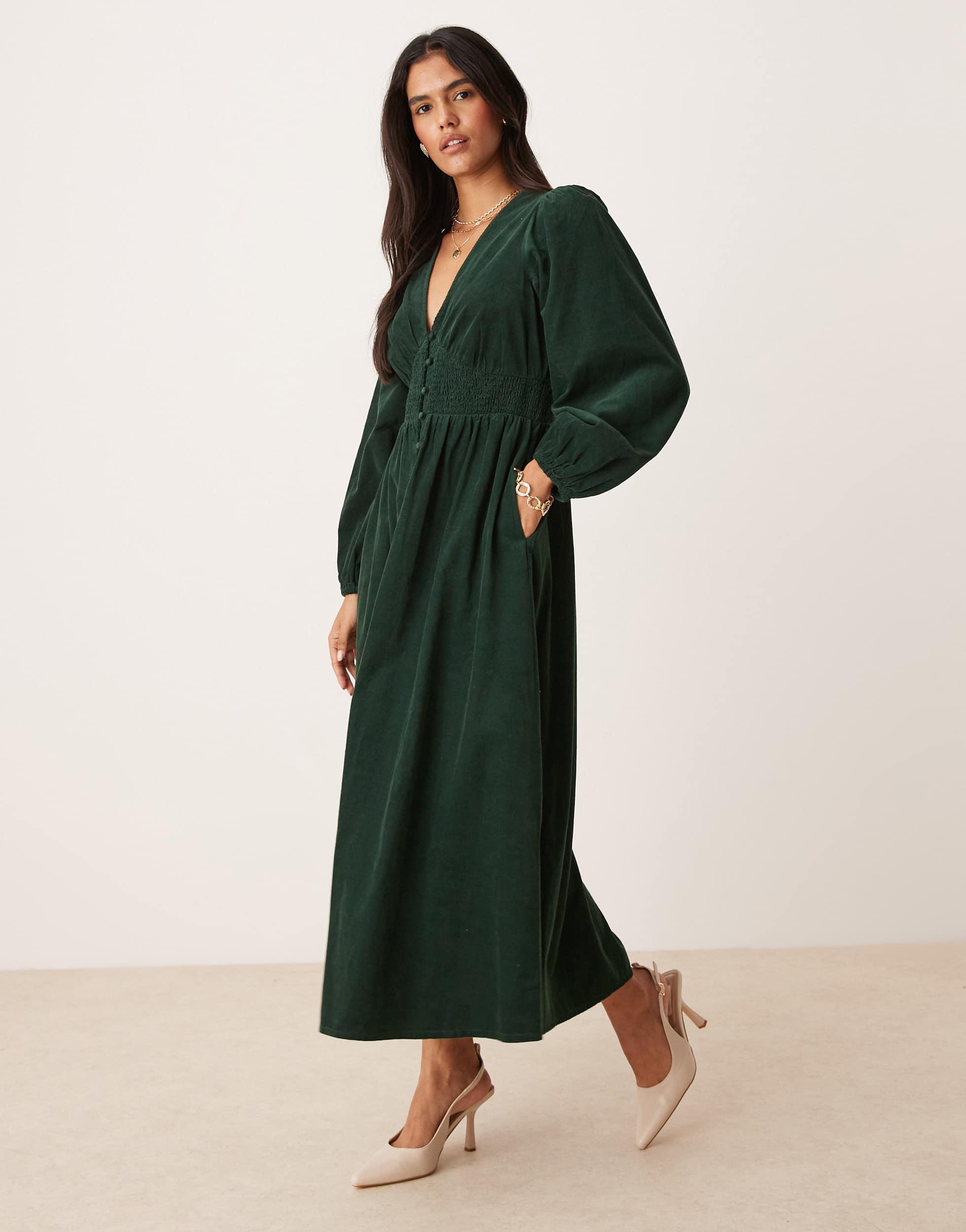 Nobody's Child Riley Corduroy V-neck Midi Dress in Green | Lyst