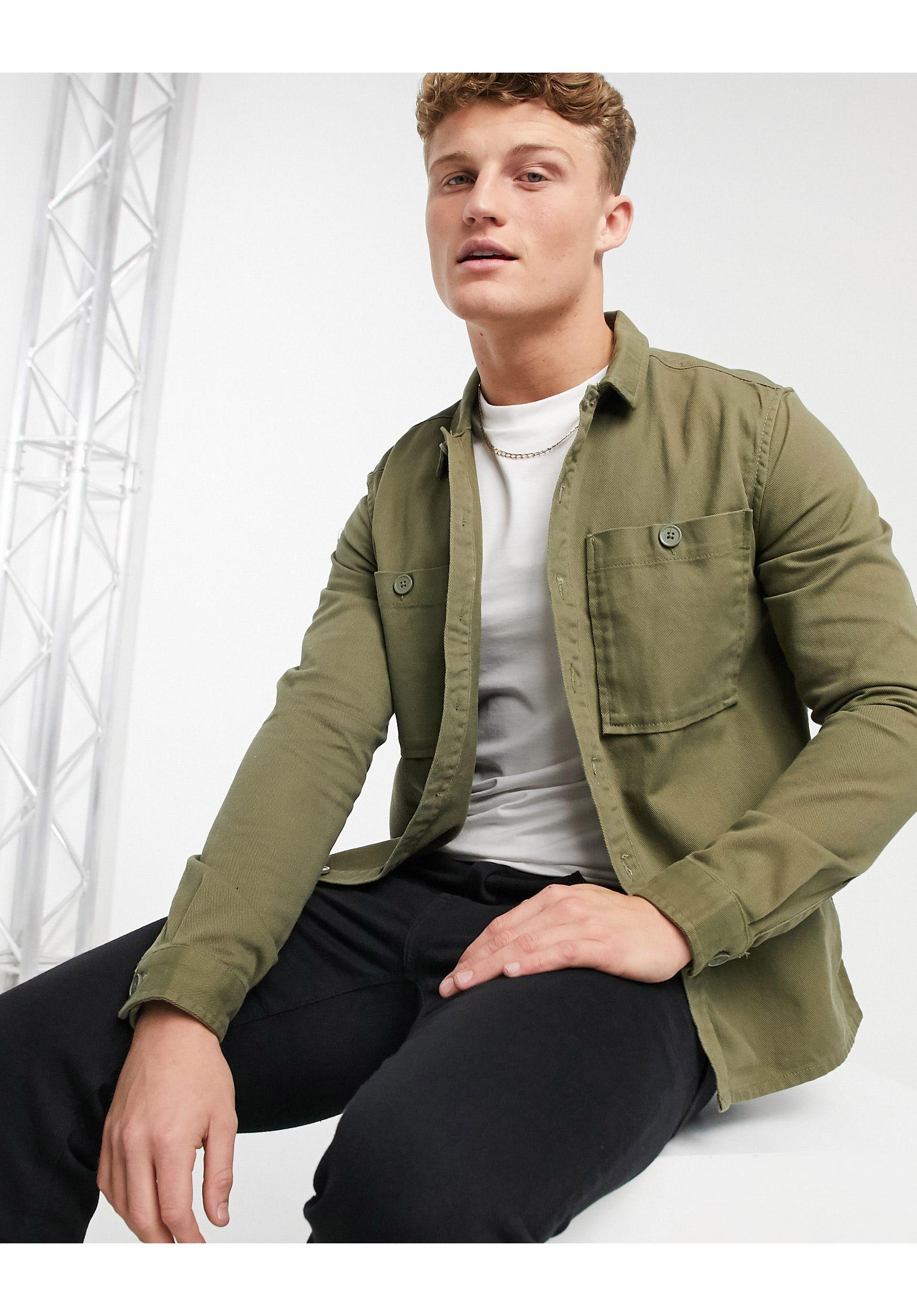 Double Pocket Twill Overshirt in Khaki 