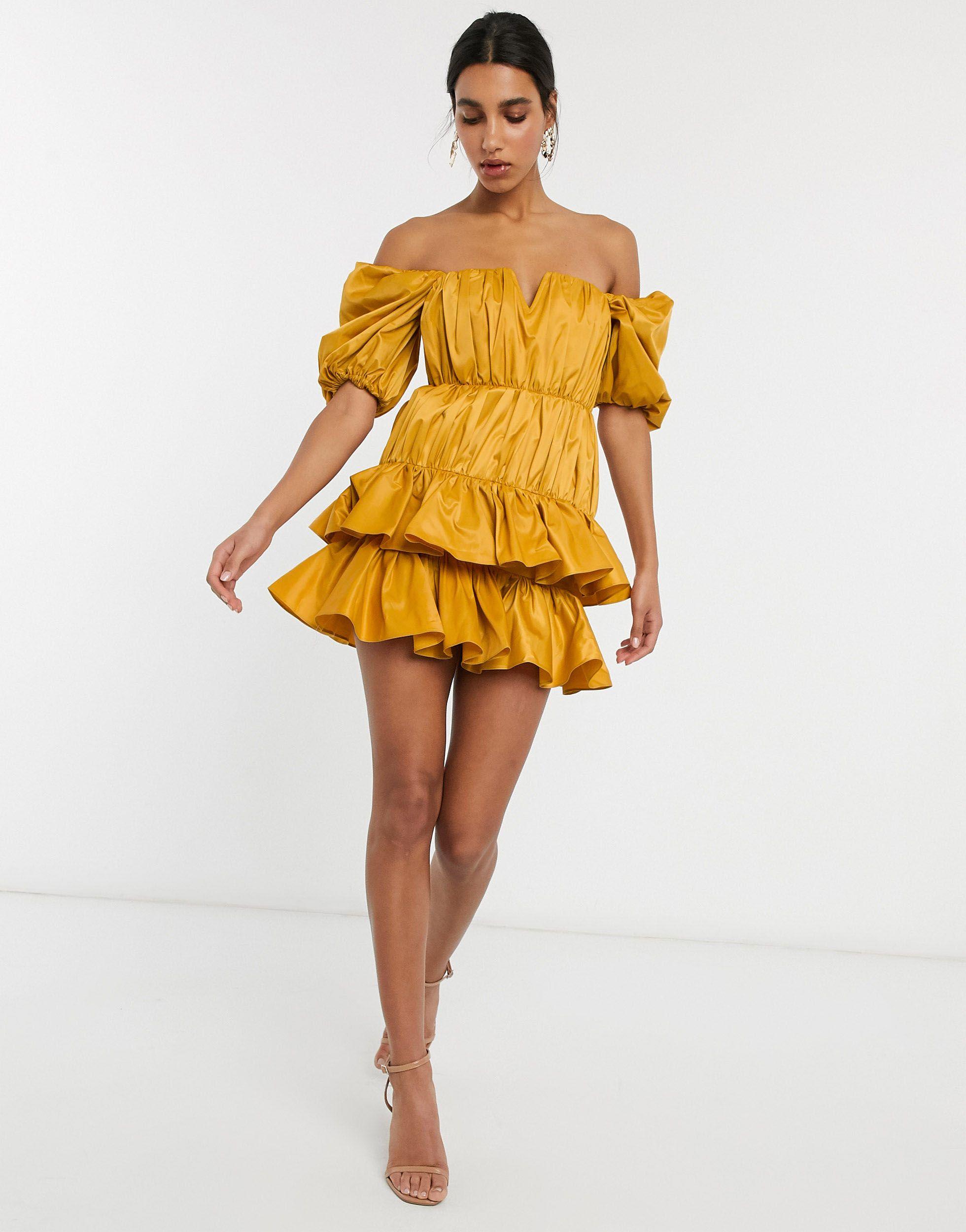 Yellow ruffle off the shoulder dress sales